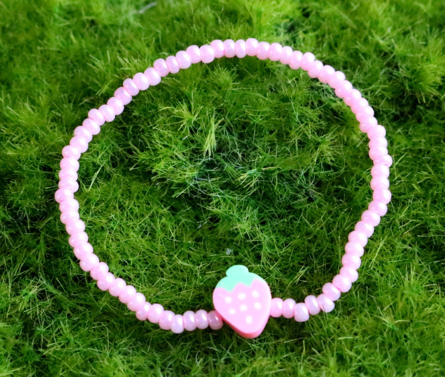 Sweet As A Strawberry - Light Pink Glass Beads and Clay Strawberry Charm Child's Bracelet - Monkeysmojo