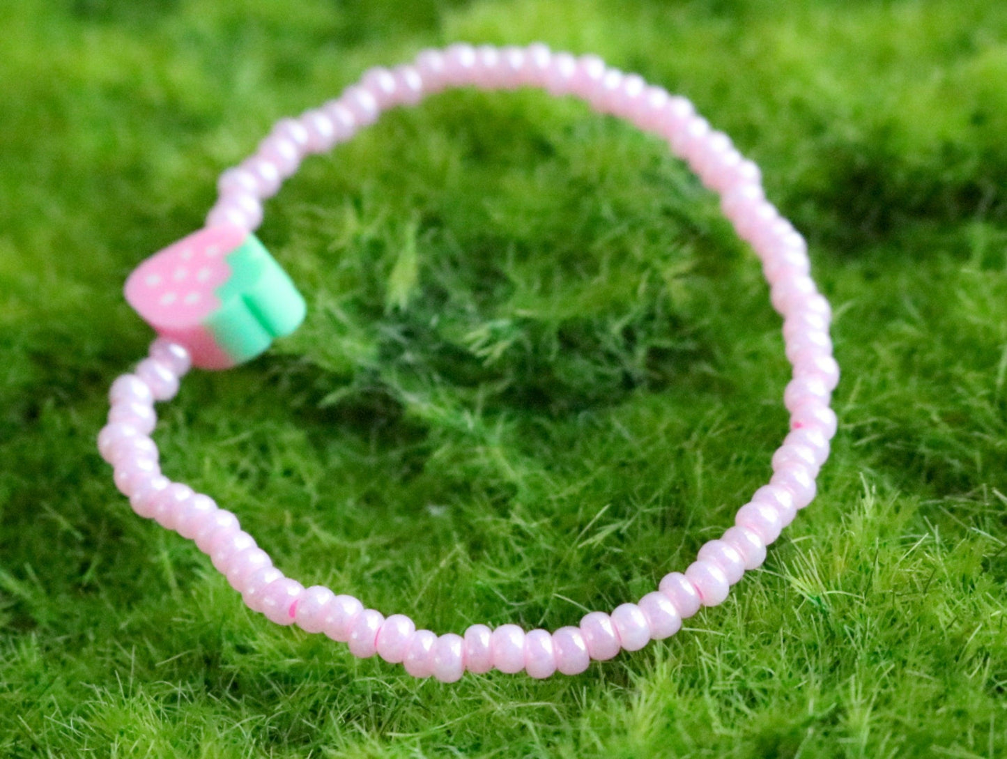 Sweet As A Strawberry - Light Pink Glass Beads and Clay Strawberry Charm Child's Bracelet - Monkeysmojo