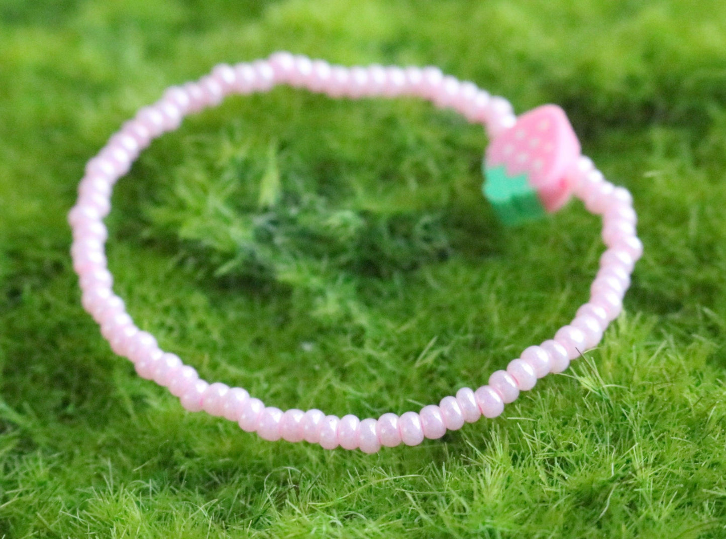 Sweet As A Strawberry - Light Pink Glass Beads and Clay Strawberry Charm Child's Bracelet - Monkeysmojo
