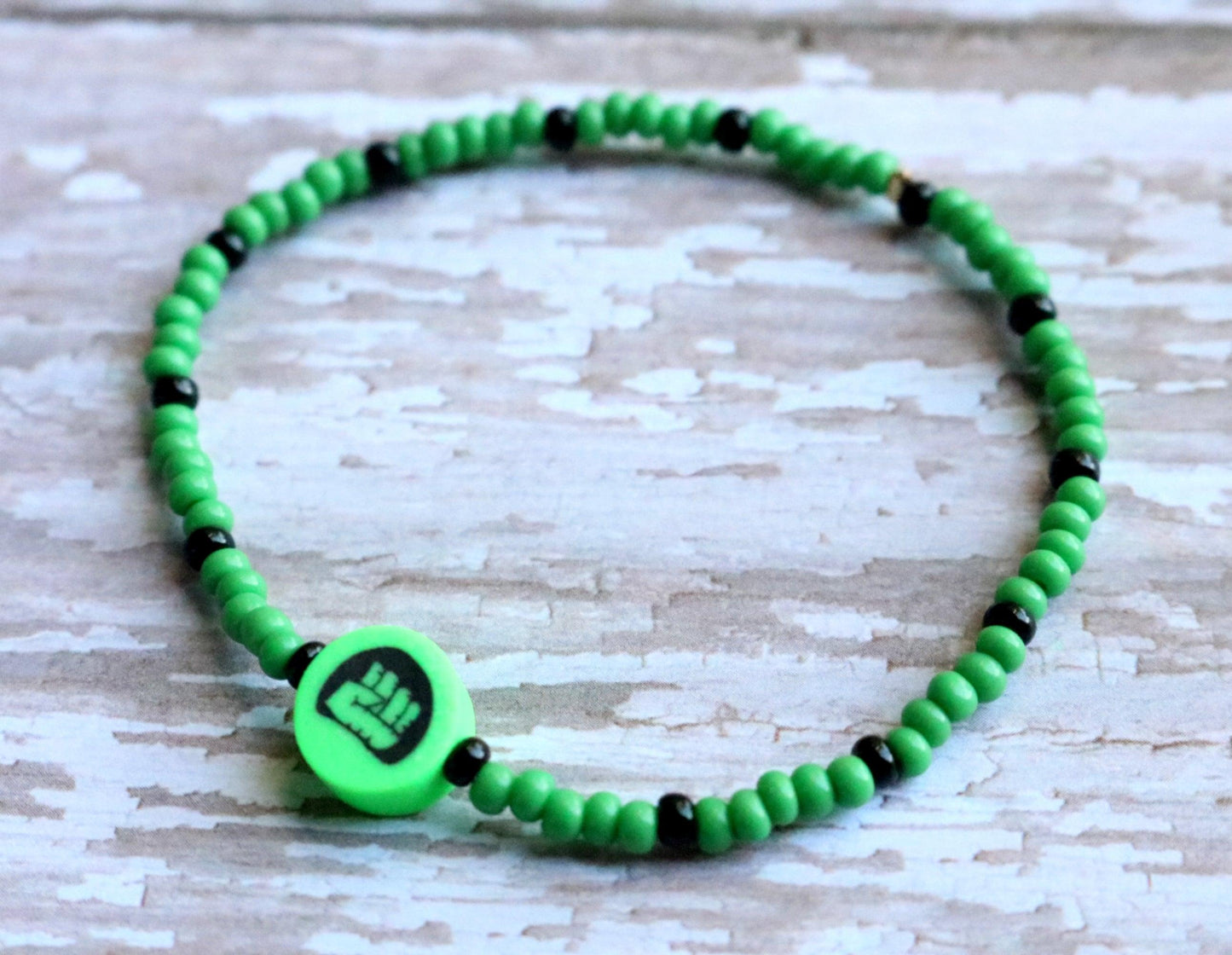 Child Hulk Inspired Bright Green and Black Glass Seed Bead Bracelet - Monkeysmojo