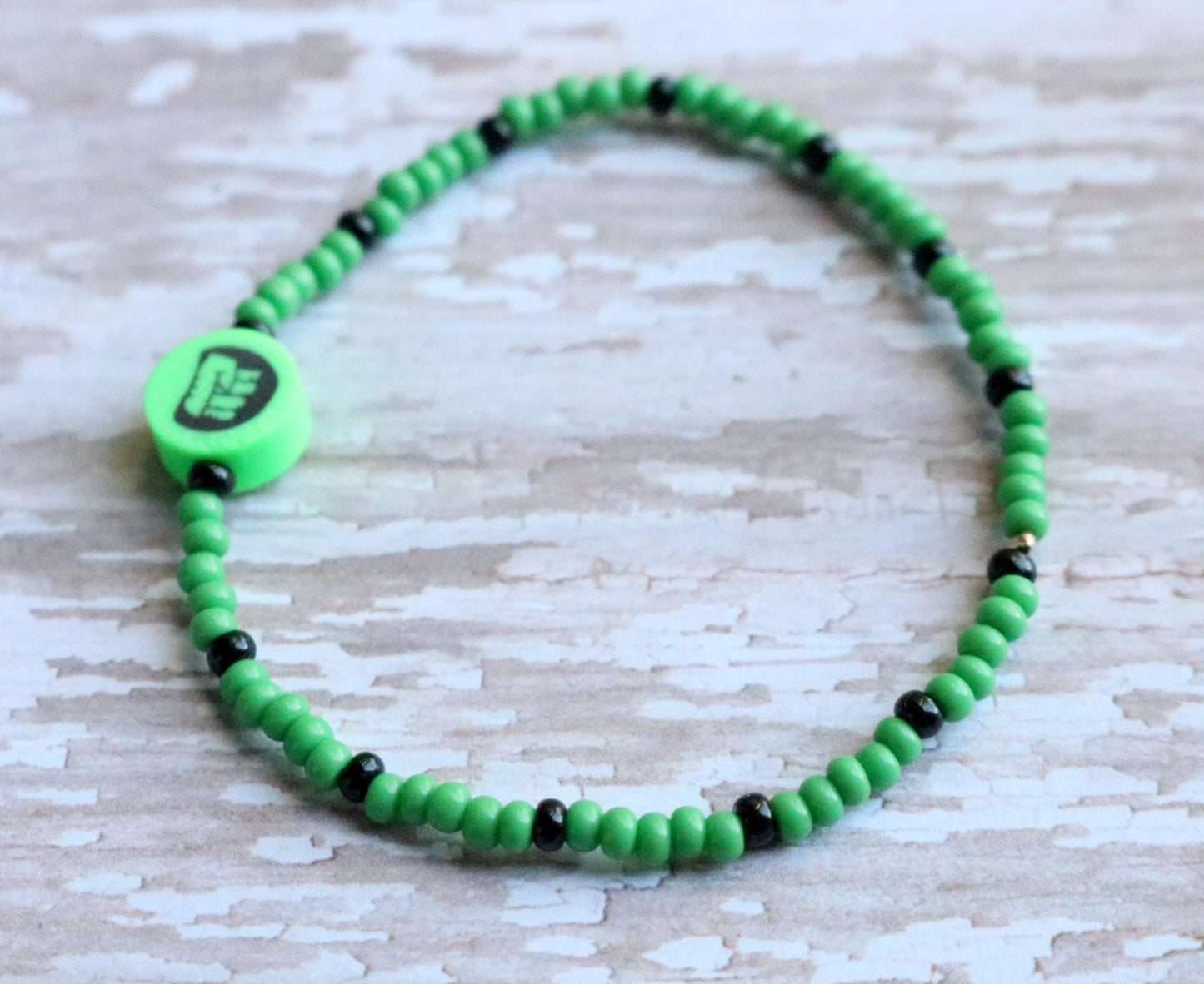 Child Hulk Inspired Bright Green and Black Glass Seed Bead Bracelet - Monkeysmojo