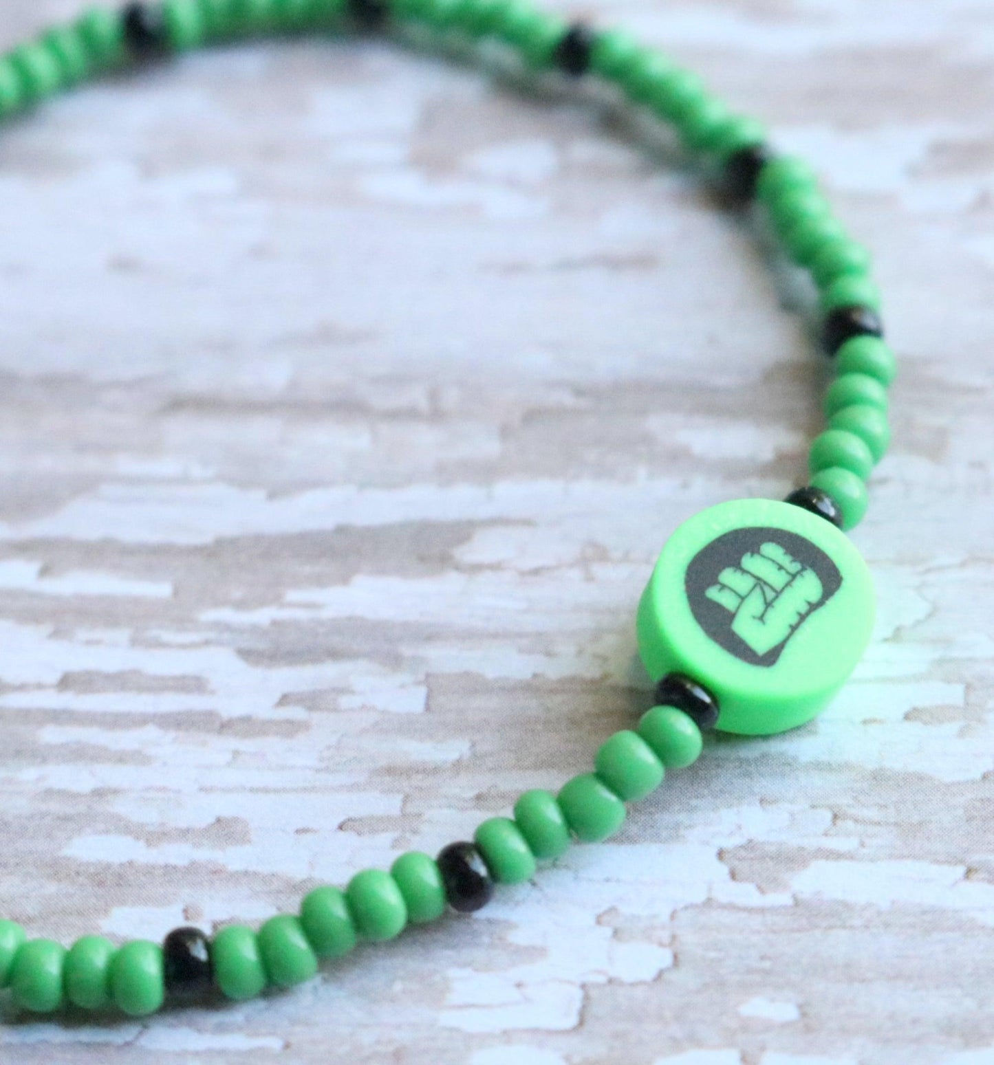 Child Hulk Inspired Bright Green and Black Glass Seed Bead Bracelet - Monkeysmojo