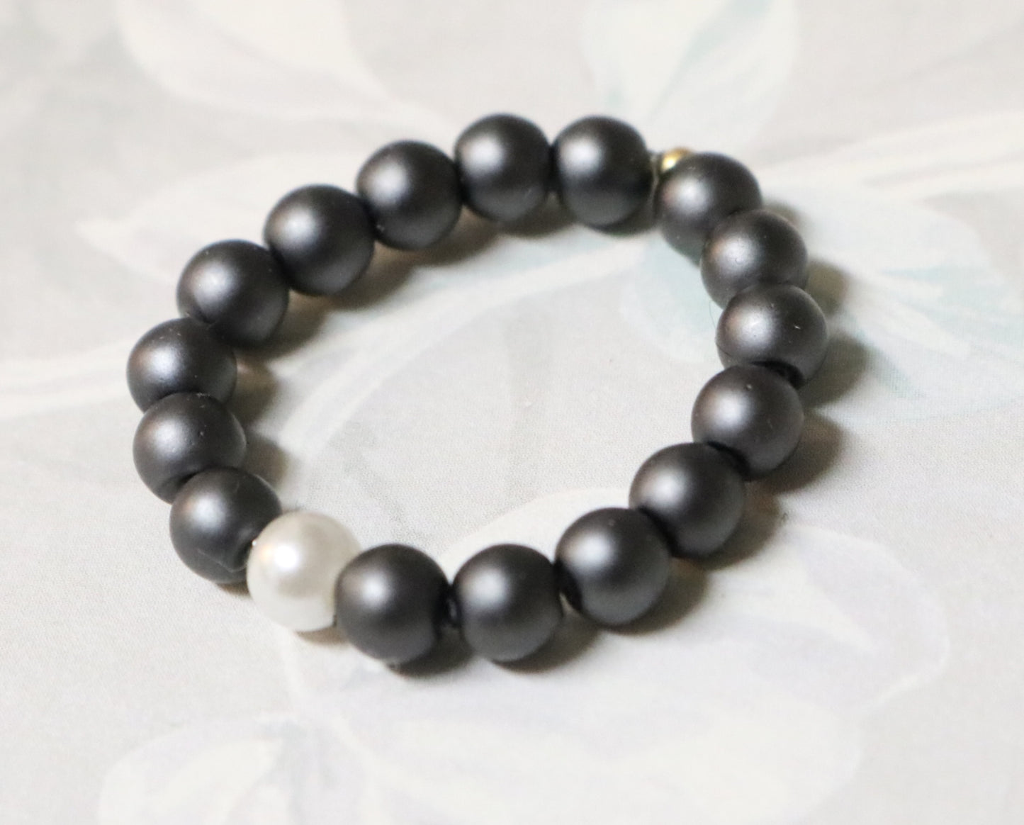 Pearling on the Ritz - White Glass Pearl and Gun Metal Grey Round Beaded Ring by Monkey's Mojo