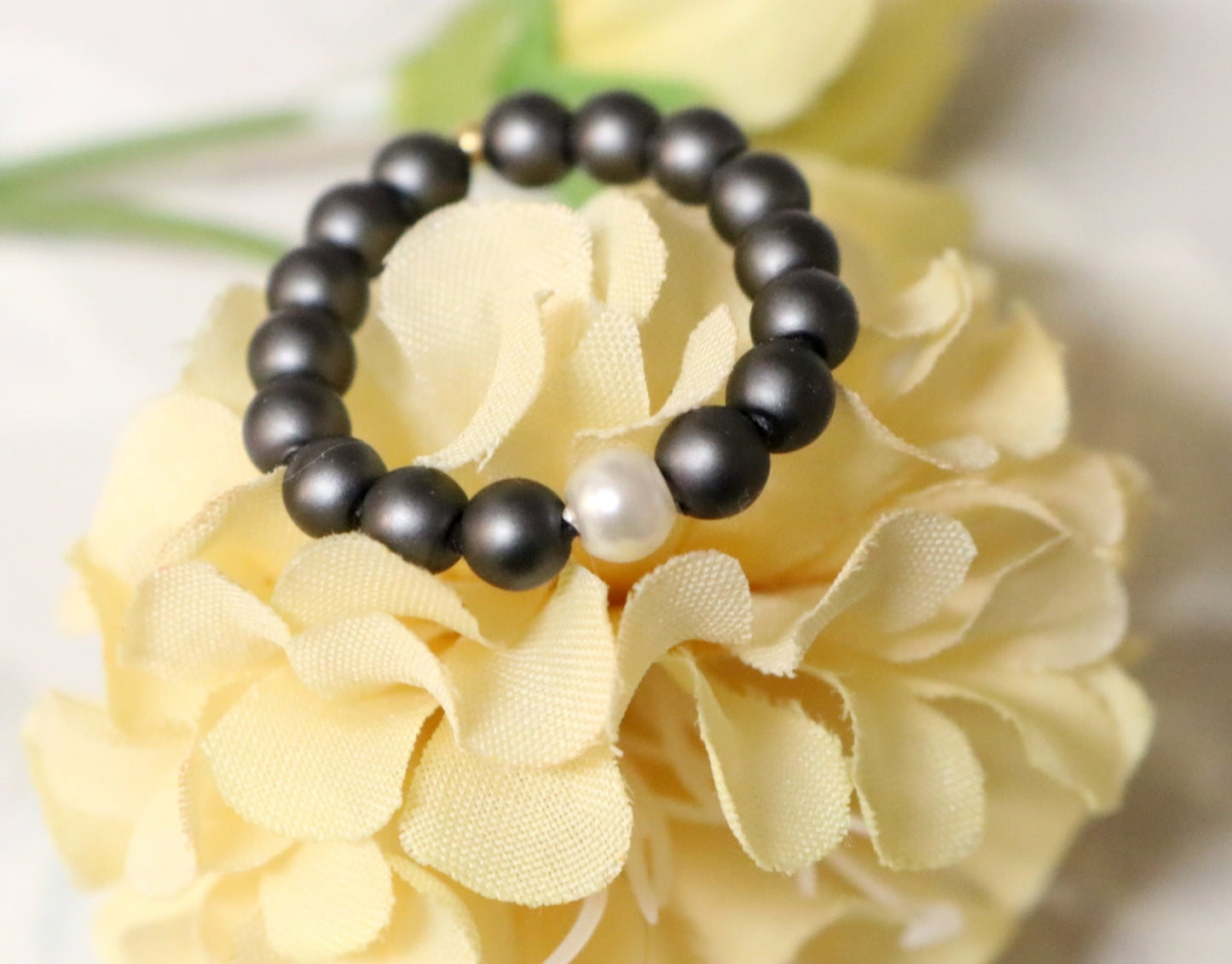 Pearling on the Ritz - White Glass Pearl and Gun Metal Grey Round Beaded Ring by Monkey's Mojo