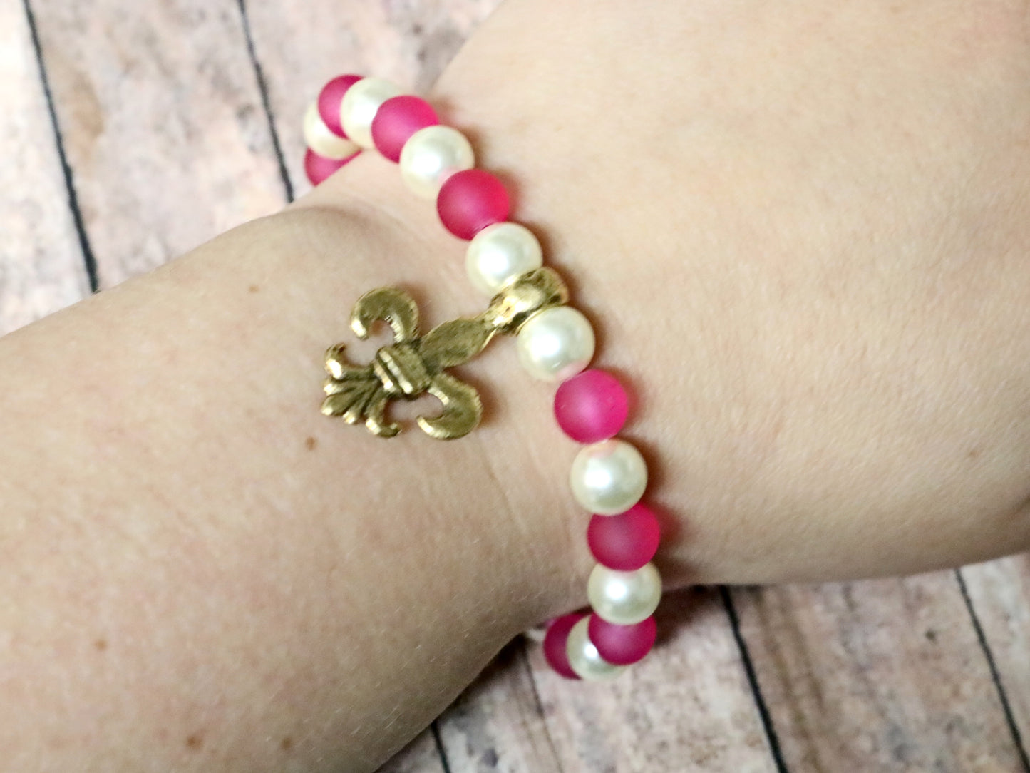 Pink with White Pearls Yellow Gold Tone Hammered Fleur De Lis Charm - Bracelet by Monkey's Mojo