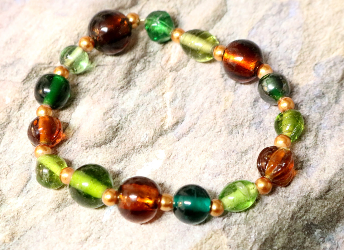 One with the Earth and Dirt - Green, Brown, and Yellow Gold Toned Glass Handmade Artisan Bracelet by Monkey's Mojo