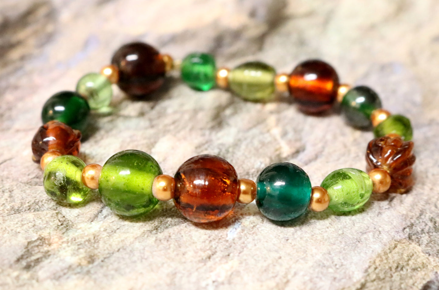 One with the Earth and Dirt - Green, Brown, and Yellow Gold Toned Glass Handmade Artisan Bracelet by Monkey's Mojo