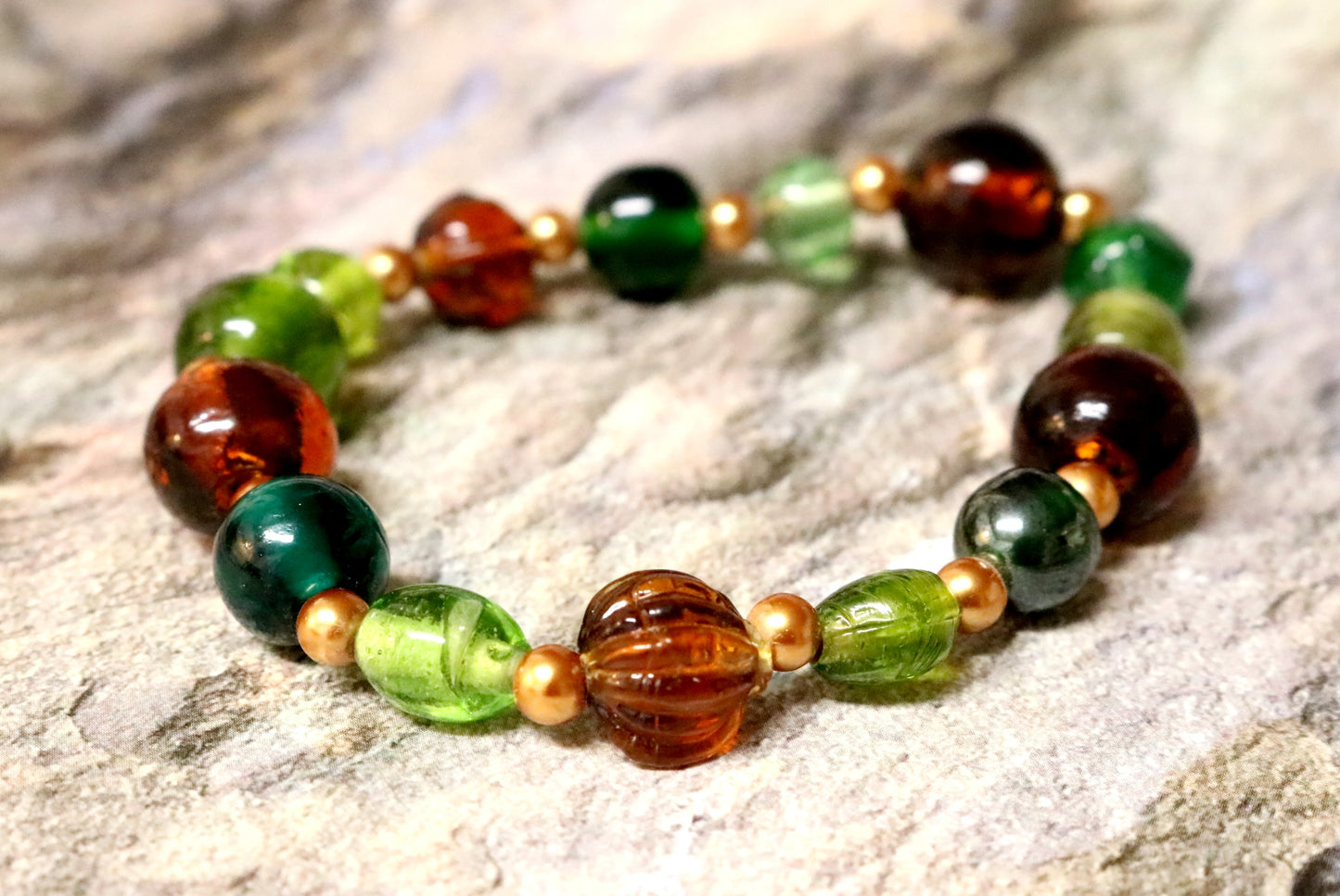 One with the Earth and Dirt - Green, Brown, and Yellow Gold Toned Glass Handmade Artisan Bracelet by Monkey's Mojo