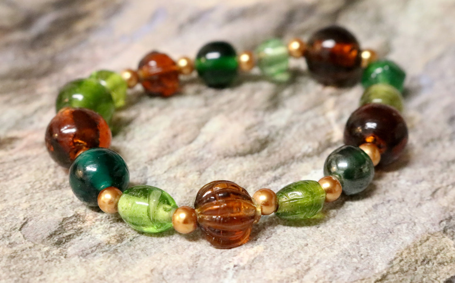 One with the Earth and Dirt - Green, Brown, and Yellow Gold Toned Glass Handmade Artisan Bracelet by Monkey's Mojo