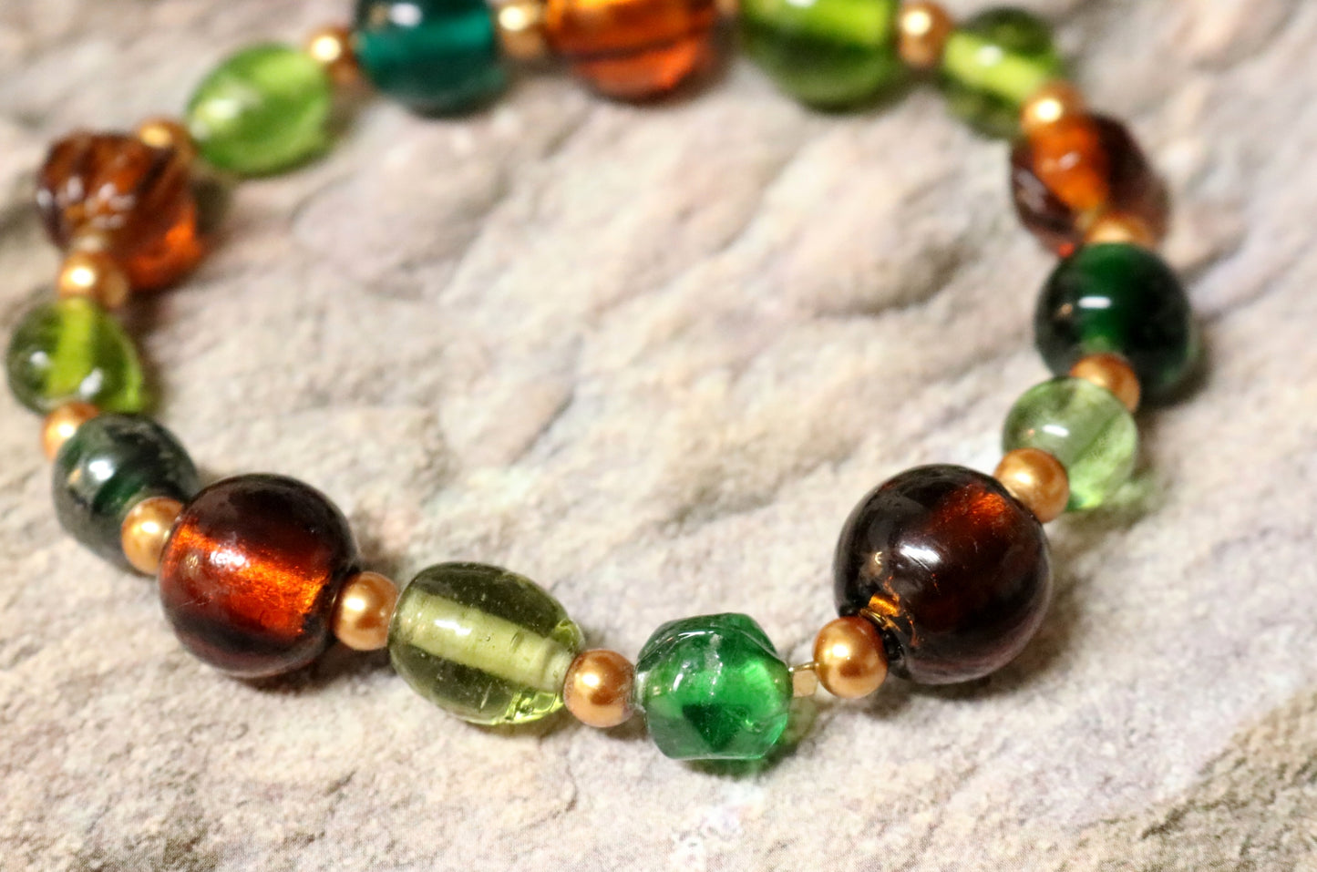 One with the Earth and Dirt - Green, Brown, and Yellow Gold Toned Glass Handmade Artisan Bracelet by Monkey's Mojo