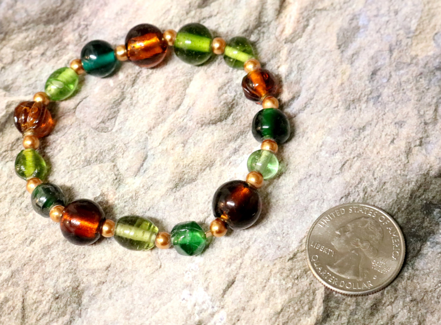 One with the Earth and Dirt - Green, Brown, and Yellow Gold Toned Glass Handmade Artisan Bracelet by Monkey's Mojo