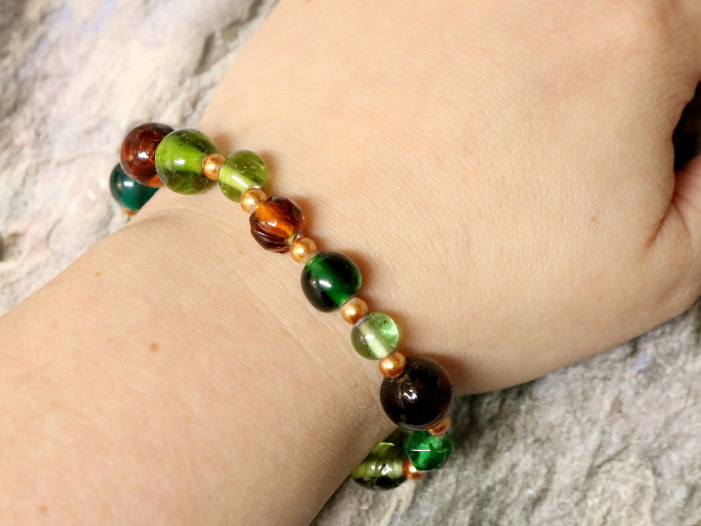 One with the Earth and Dirt - Green, Brown, and Yellow Gold Toned Glass Handmade Artisan Bracelet by Monkey's Mojo