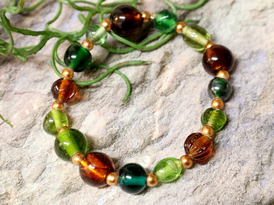 One with the Earth and Dirt - Green, Brown, and Yellow Gold Toned Glass Handmade Artisan Bracelet by Monkey's Mojo