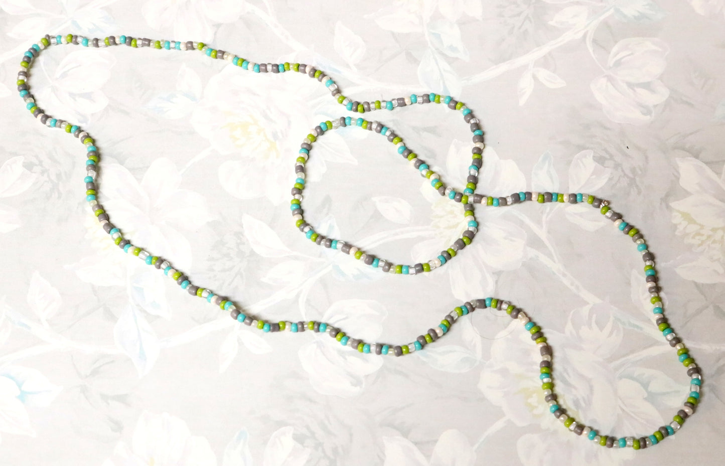Early 2000s Suburbia Turquoise, Gray, Lime Green, and White 28" Artisan Glass Bead Necklace by Monkey's Mojo