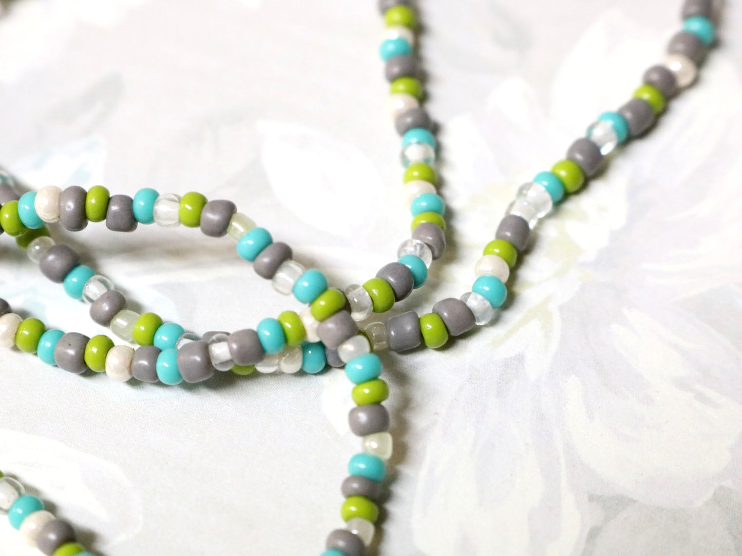 Early 2000s Suburbia Turquoise, Gray, Lime Green, and White 28" Artisan Glass Bead Necklace by Monkey's Mojo