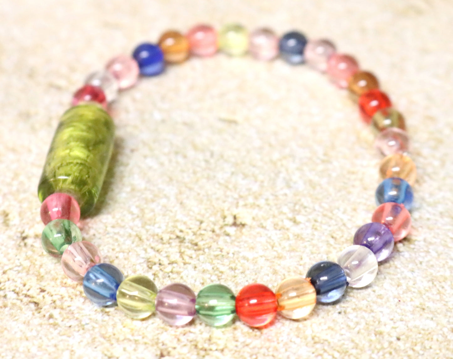 Totally Tubular Lime Green Glass Bead with Semi Translucent Colorful Beads Stretch Bracelet by Monkey's Mojo