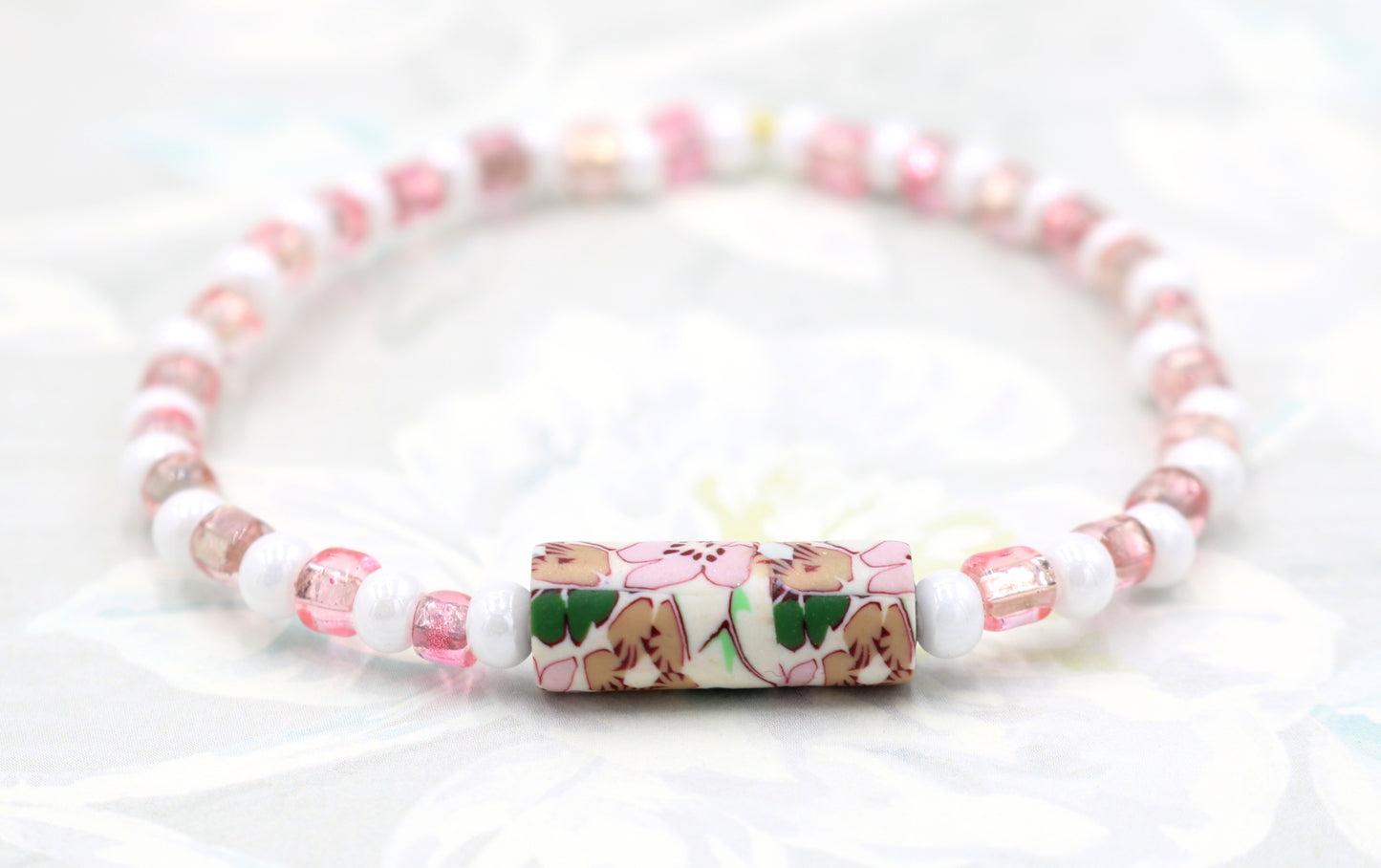 Let's Have a Garden Party - Flowers, Pink and White Iridescent Glass Beads Handmade Artisan Bracelet by Monkey's Mojo