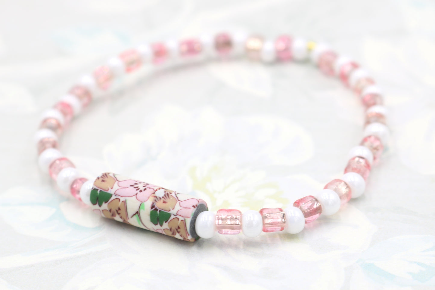 Let's Have a Garden Party - Flowers, Pink and White Iridescent Glass Beads Handmade Artisan Bracelet by Monkey's Mojo