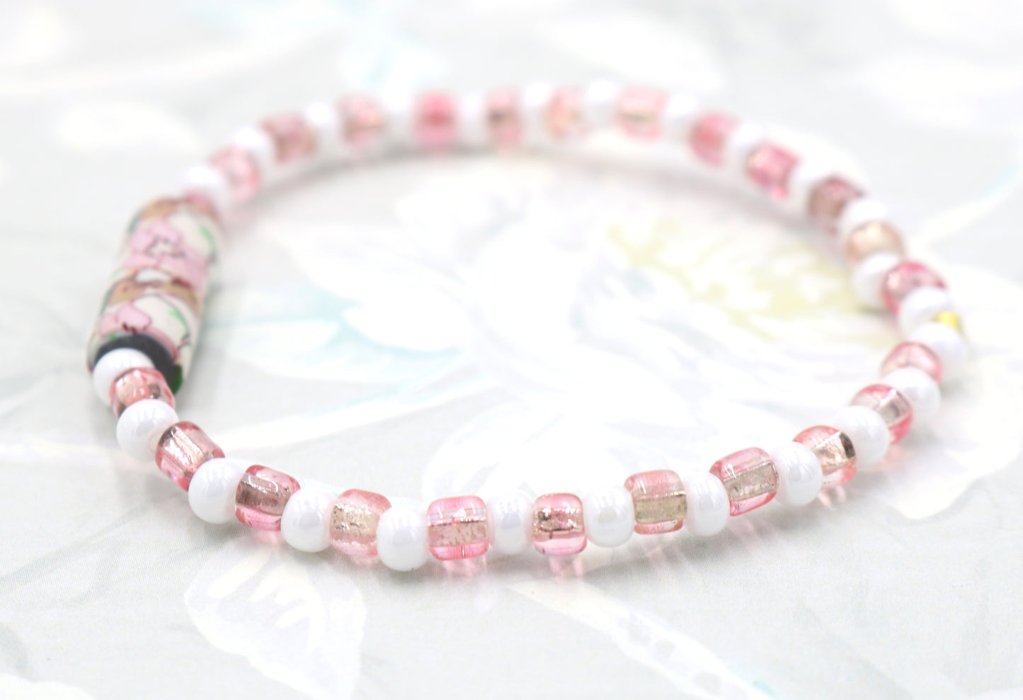 Let's Have a Garden Party - Flowers, Pink and White Iridescent Glass Beads Handmade Artisan Bracelet by Monkey's Mojo