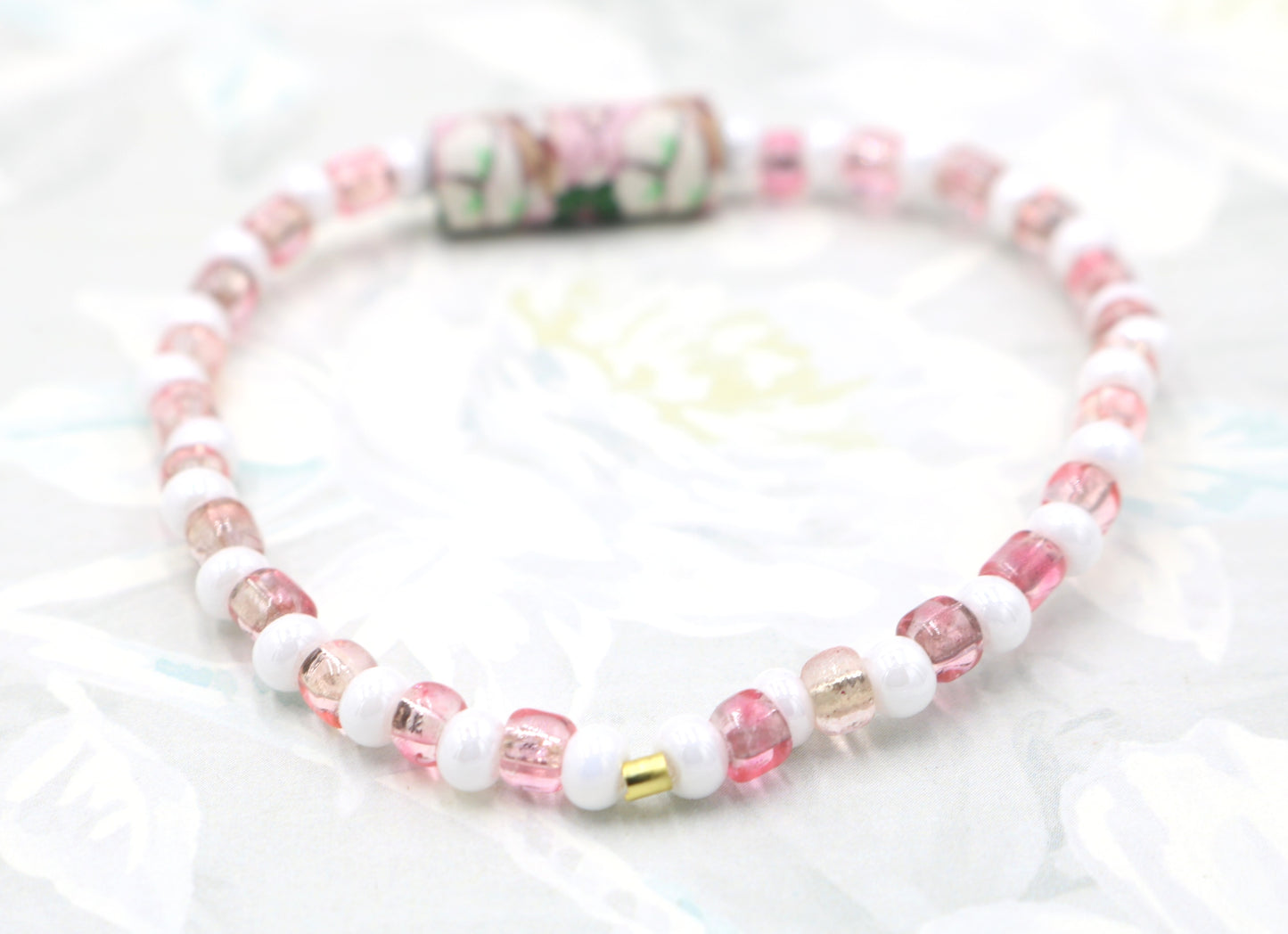 Let's Have a Garden Party - Flowers, Pink and White Iridescent Glass Beads Handmade Artisan Bracelet by Monkey's Mojo