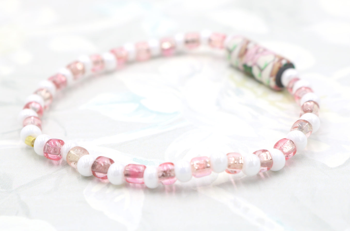 Let's Have a Garden Party - Flowers, Pink and White Iridescent Glass Beads Handmade Artisan Bracelet by Monkey's Mojo