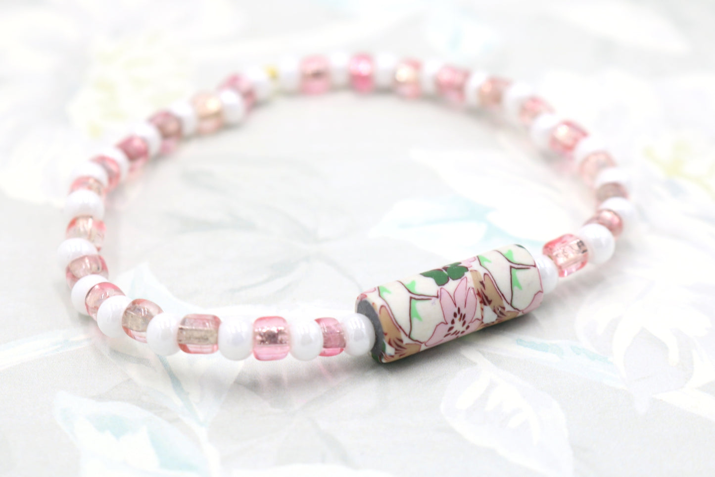 Let's Have a Garden Party - Flowers, Pink and White Iridescent Glass Beads Handmade Artisan Bracelet by Monkey's Mojo