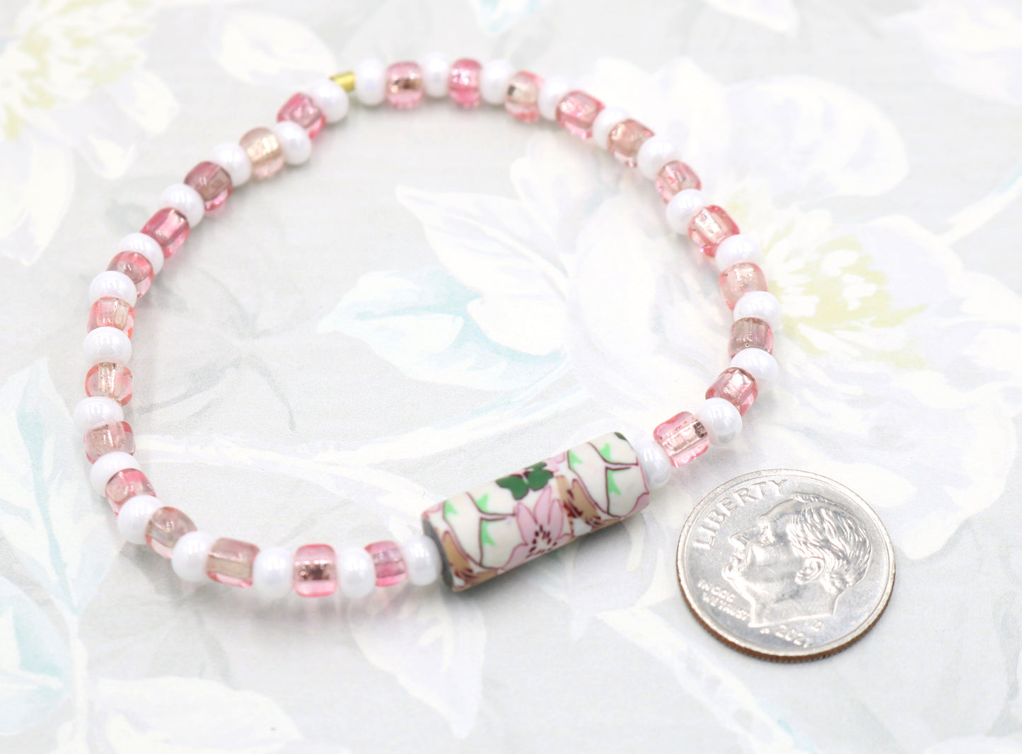 Let's Have a Garden Party - Flowers, Pink and White Iridescent Glass Beads Handmade Artisan Bracelet by Monkey's Mojo