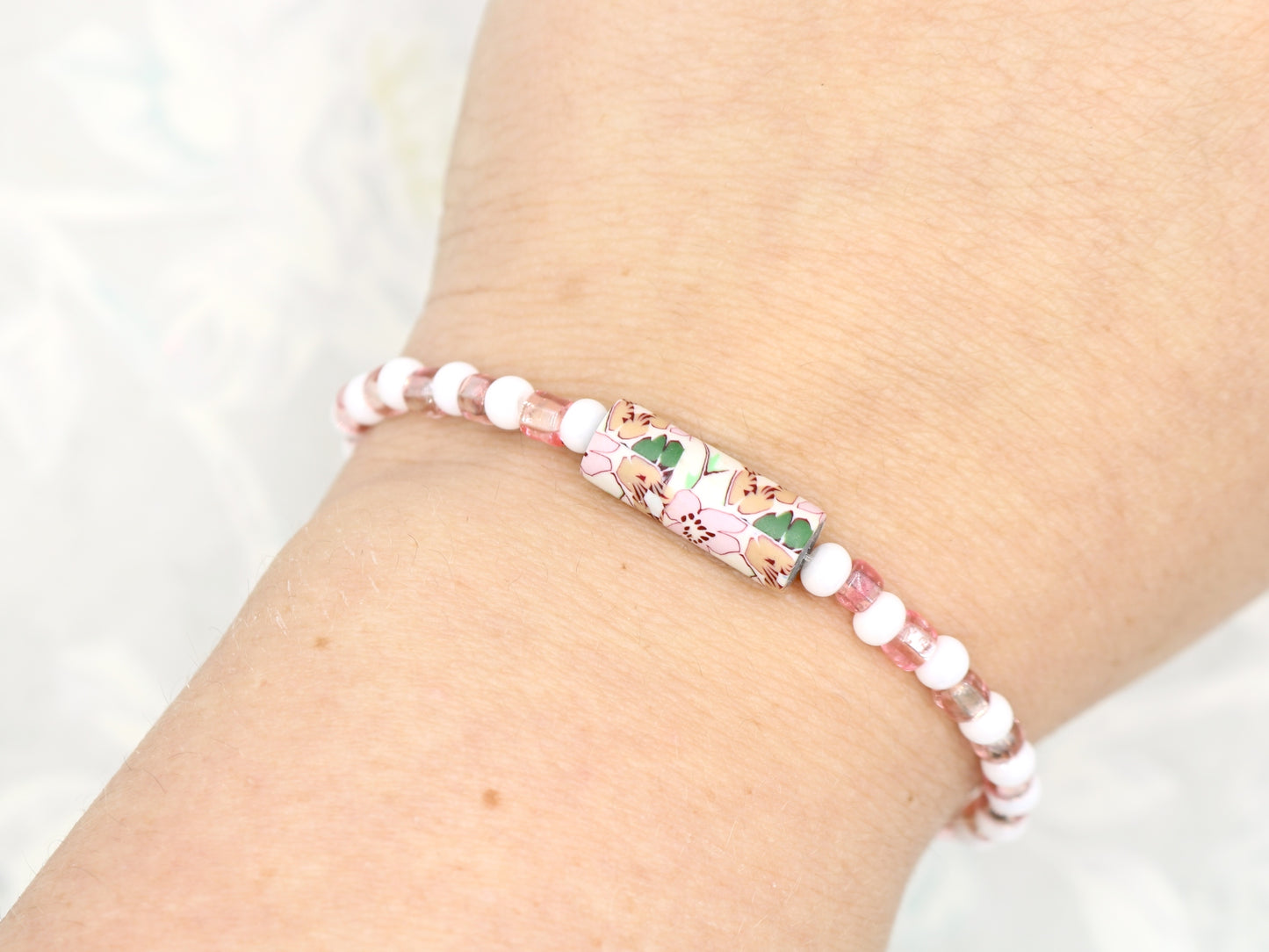 Let's Have a Garden Party - Flowers, Pink and White Iridescent Glass Beads Handmade Artisan Bracelet by Monkey's Mojo