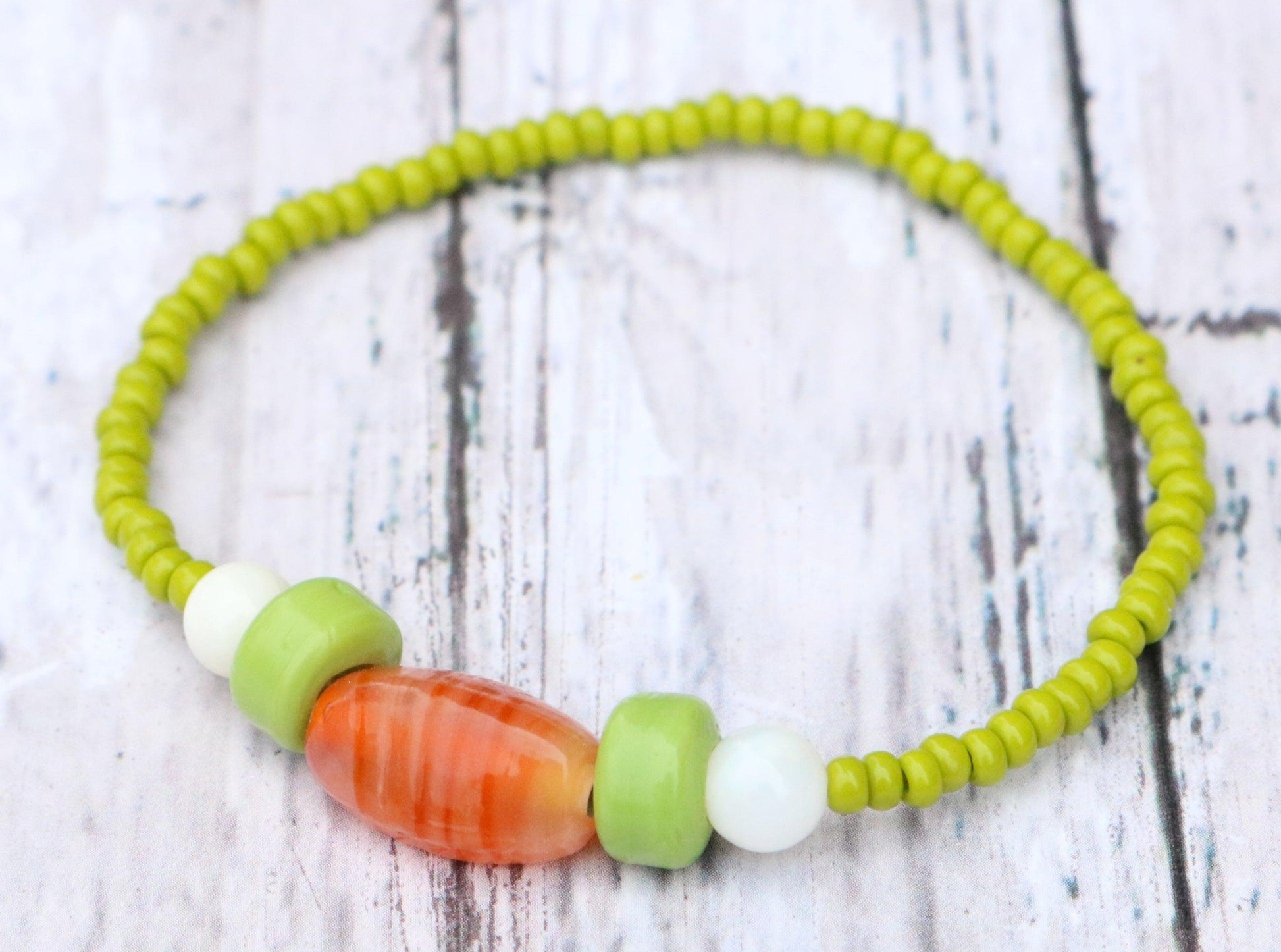Bunny Hop Carrot Love Easter Treat Orange and Green Glass Bracelet Side View