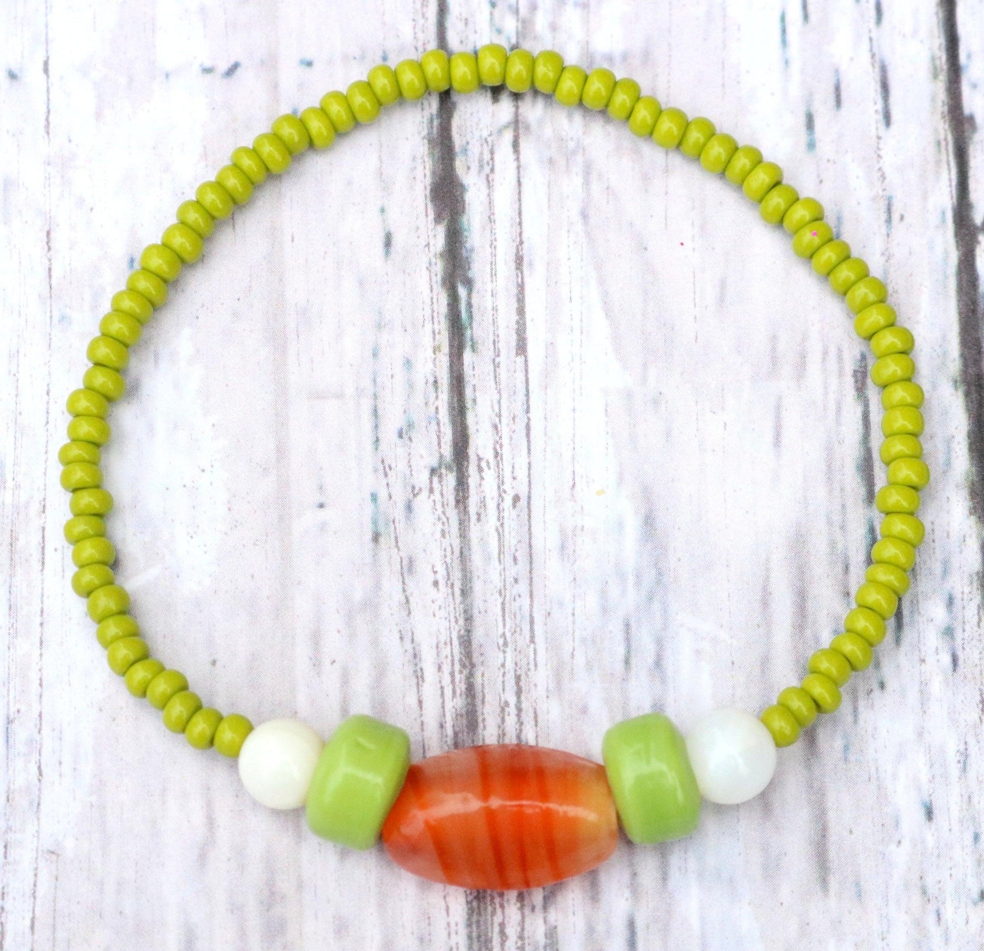 Bunny Hop Carrot Love Easter Treat Orange and Green Glass Bracelet Over View