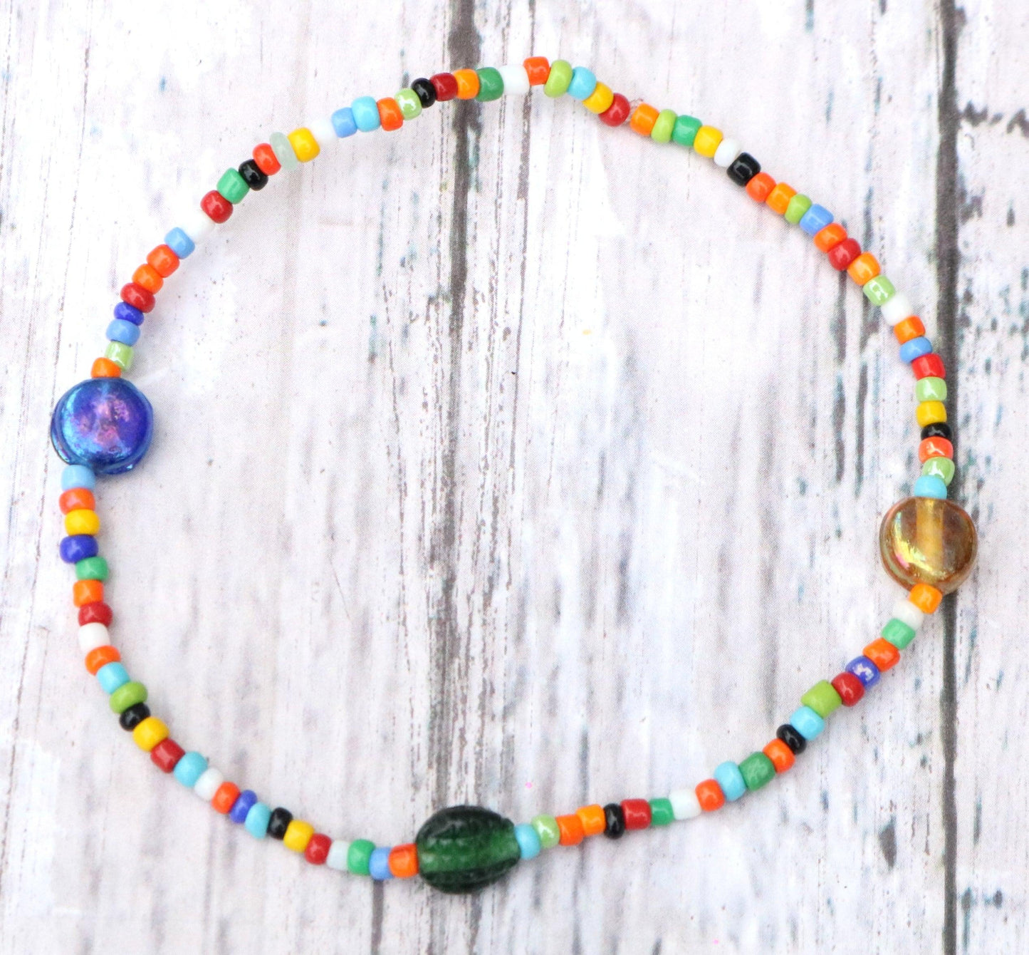 Yellow, Green, and Blue Artisan Glass Assorted Rainbow Seed Beads Bracelet - Monkeysmojo