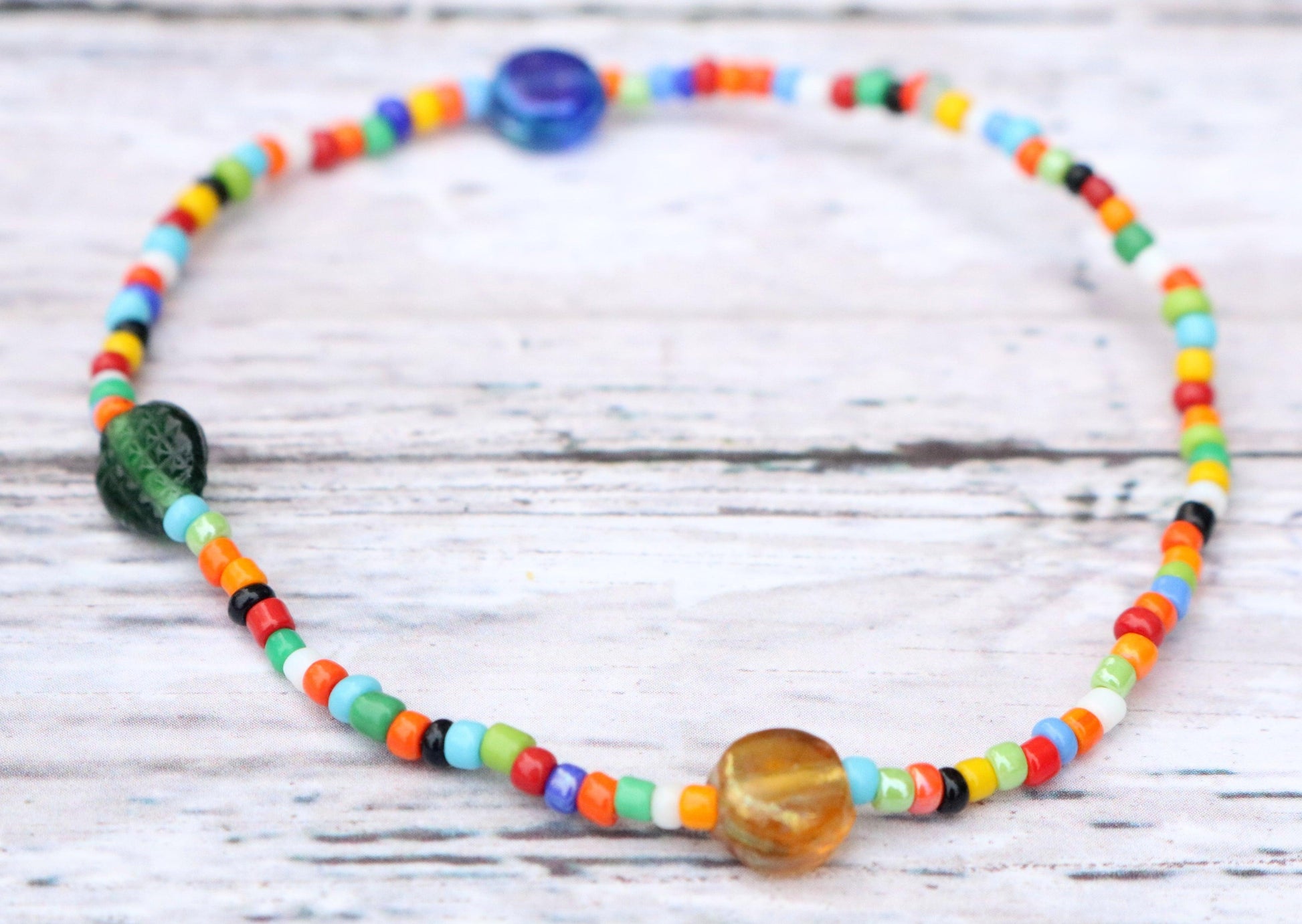 Yellow, Green, and Blue Artisan Glass Assorted Rainbow Seed Beads Bracelet - Monkeysmojo