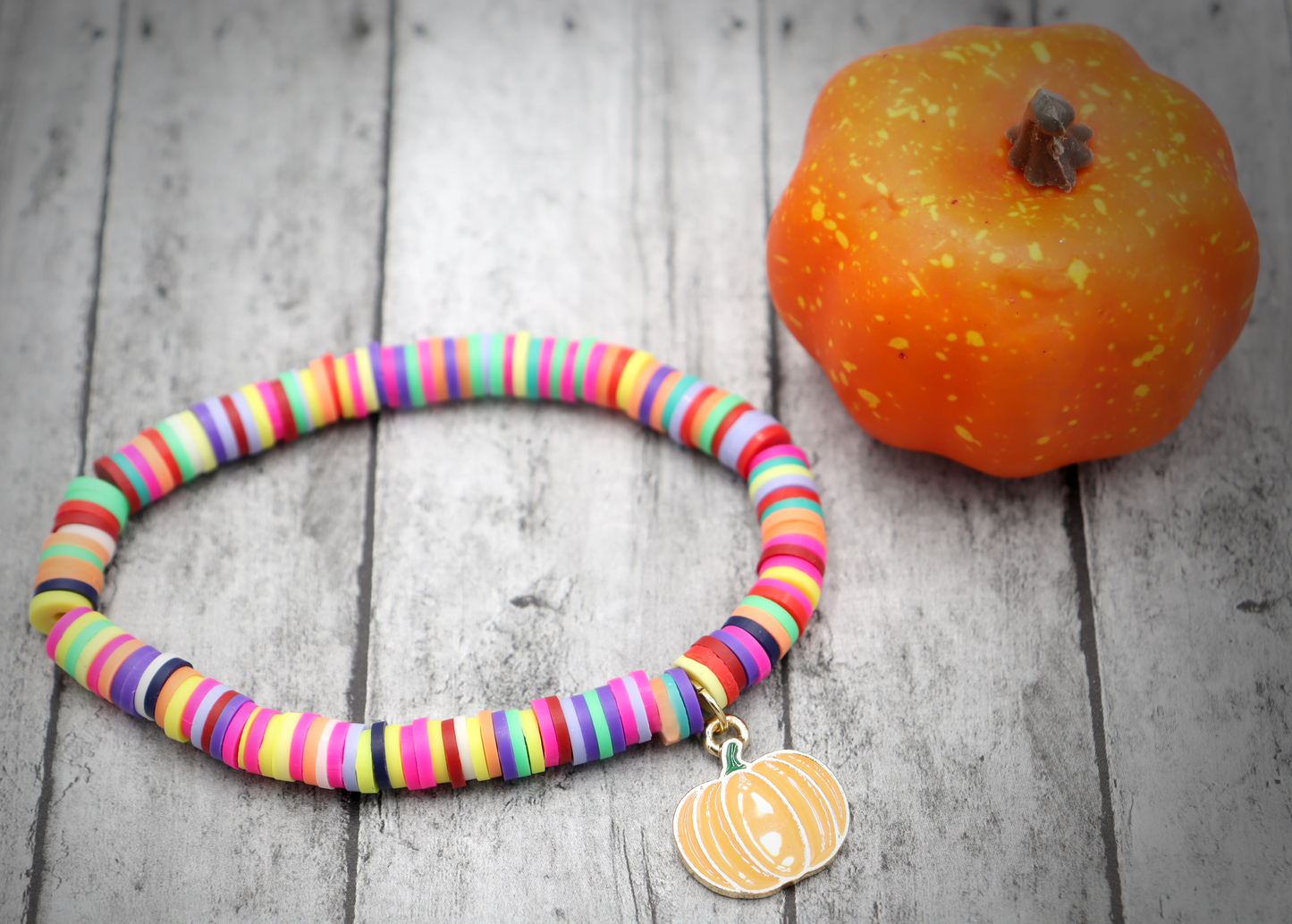 Bright Colorful Party Pumpkin Patch Polymer Clay and Metallic Pumpkin Charm Stretch Bracelet by Monkey's Mojo