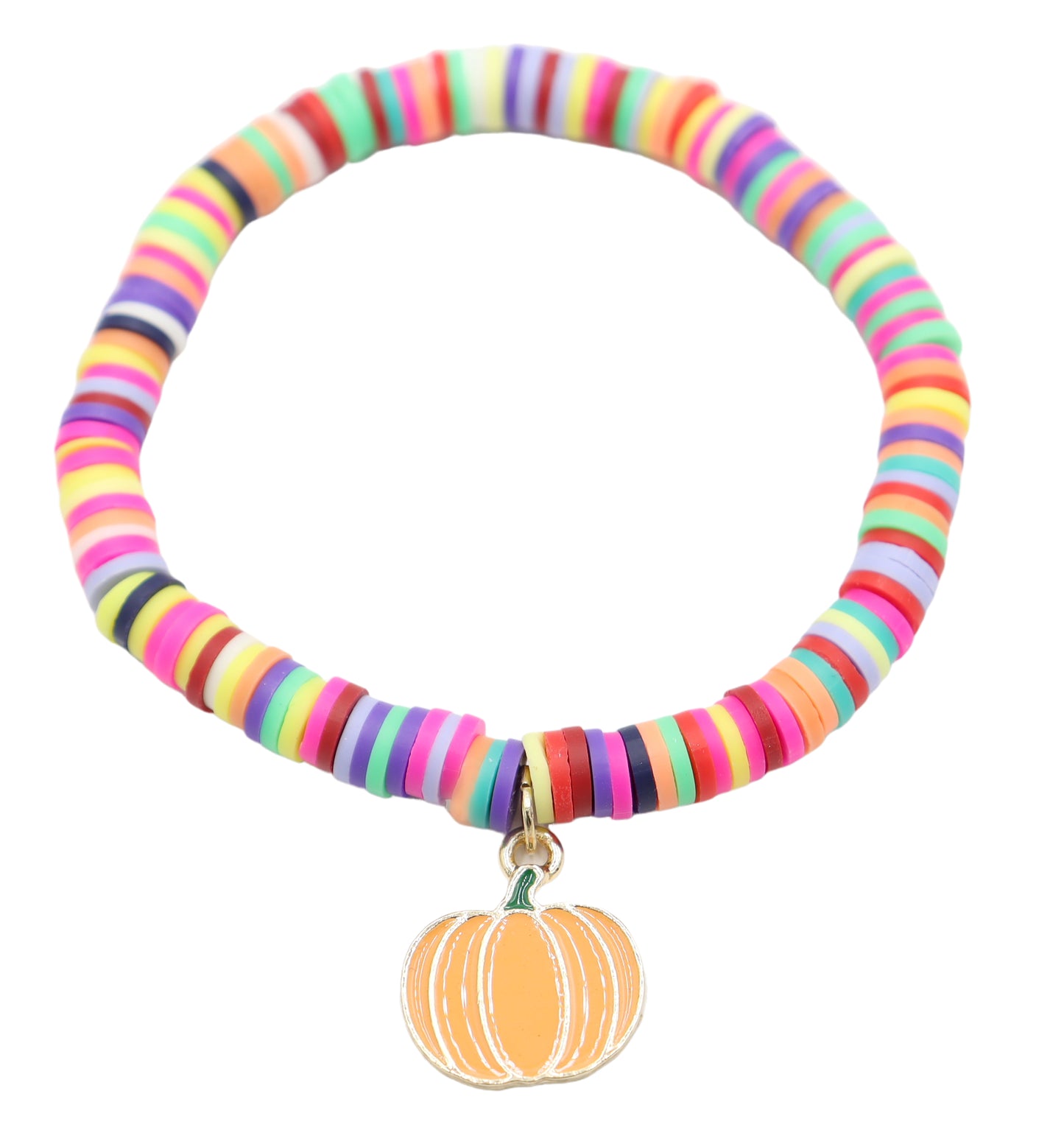 Bright Colorful Party Pumpkin Patch Polymer Clay and Metallic Pumpkin Charm Stretch Bracelet by Monkey's Mojo
