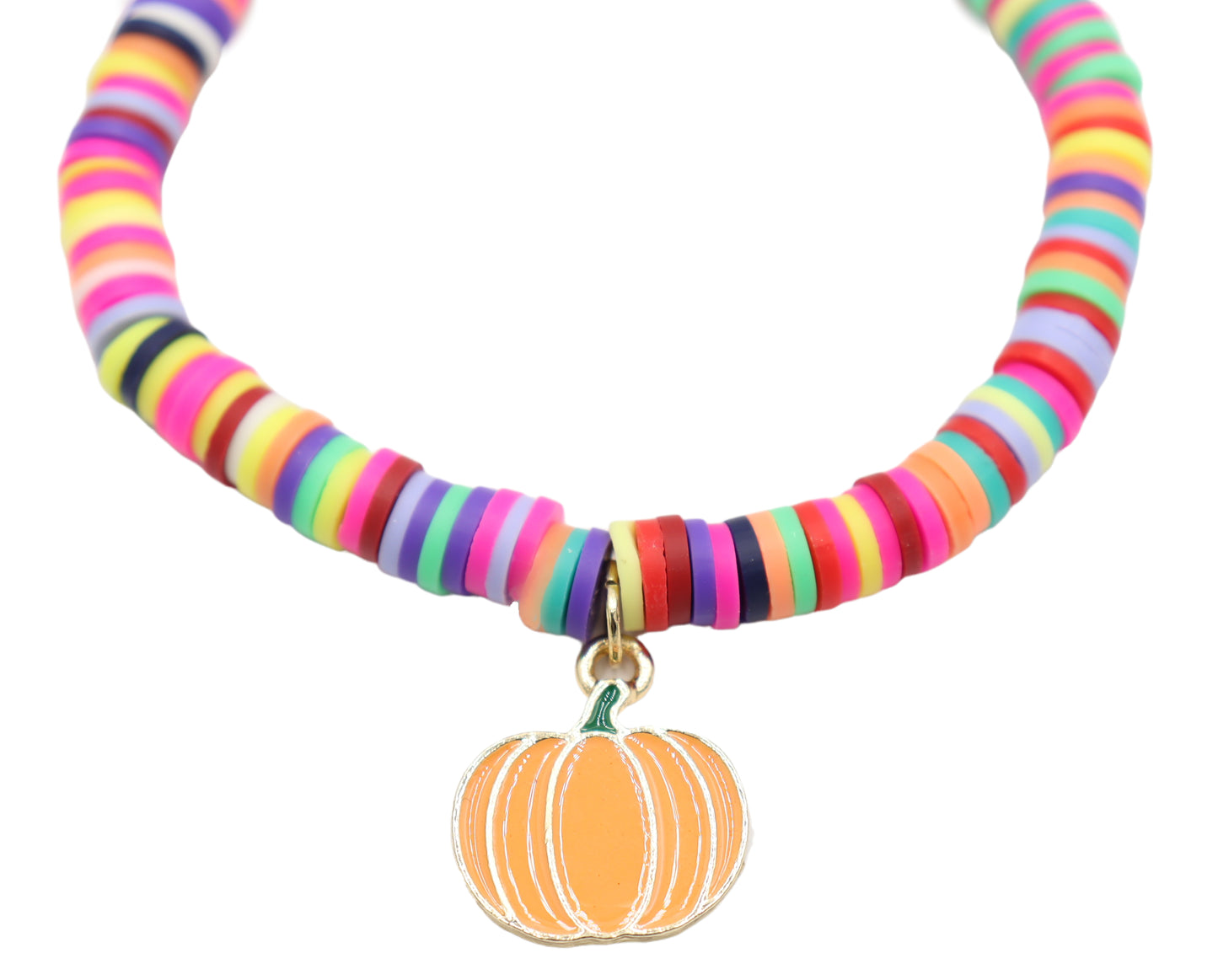 Bright Colorful Party Pumpkin Patch Polymer Clay and Metallic Pumpkin Charm Stretch Bracelet by Monkey's Mojo