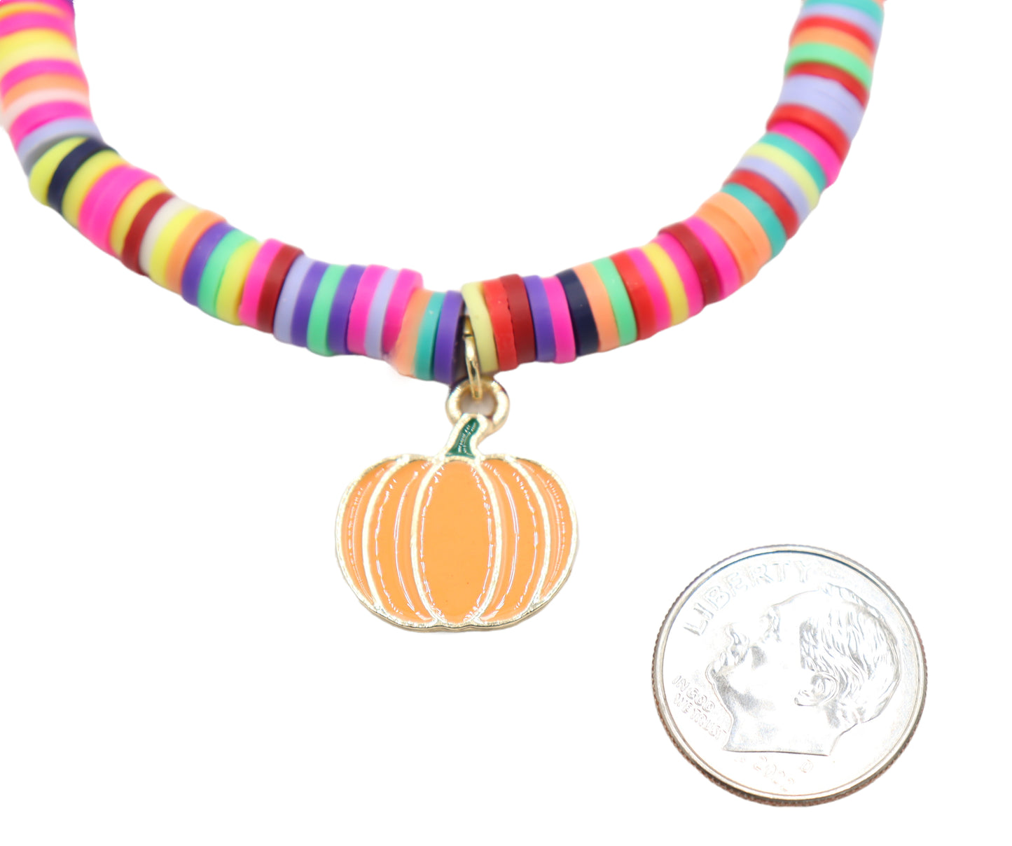 Bright Colorful Party Pumpkin Patch Polymer Clay and Metallic Pumpkin Charm Stretch Bracelet by Monkey's Mojo