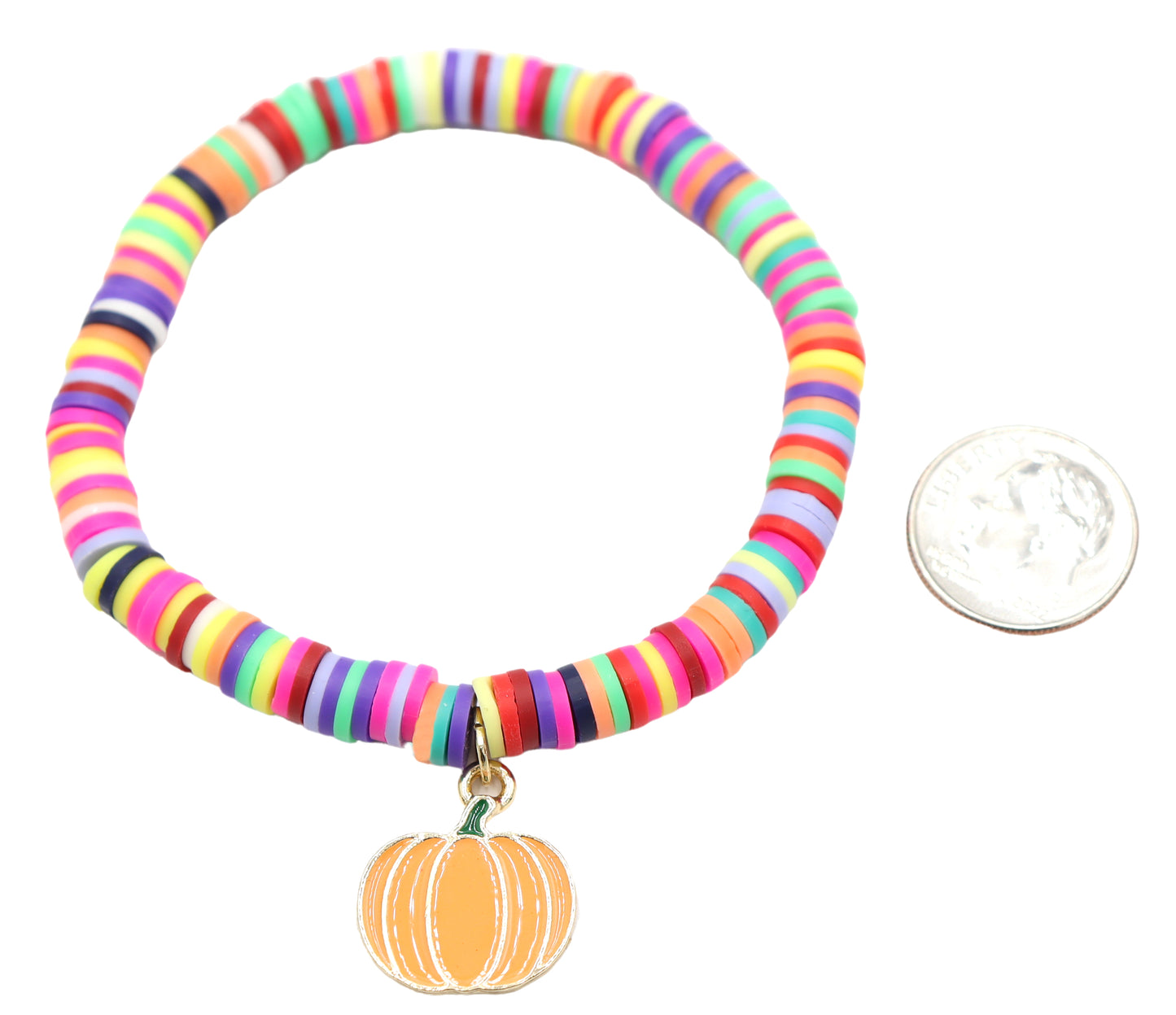 Bright Colorful Party Pumpkin Patch Polymer Clay and Metallic Pumpkin Charm Stretch Bracelet by Monkey's Mojo