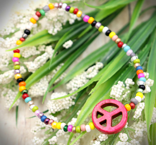 Holler For Howlite Pink Peace Be to You Assorted Seed Bead Glass Bracelet by Monkey's Mojo