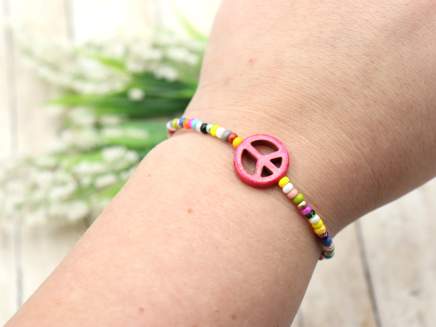 Holler For Howlite Pink Peace Be to You Assorted Seed Bead Glass Bracelet by Monkey's Mojo