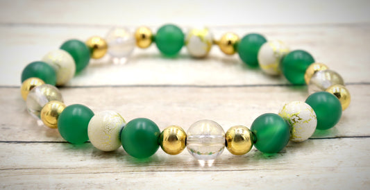 Nature's Dark Green and Golden Embrace - Glass & Agate Handmade Stretch Bracelet by Monkey's Mojo