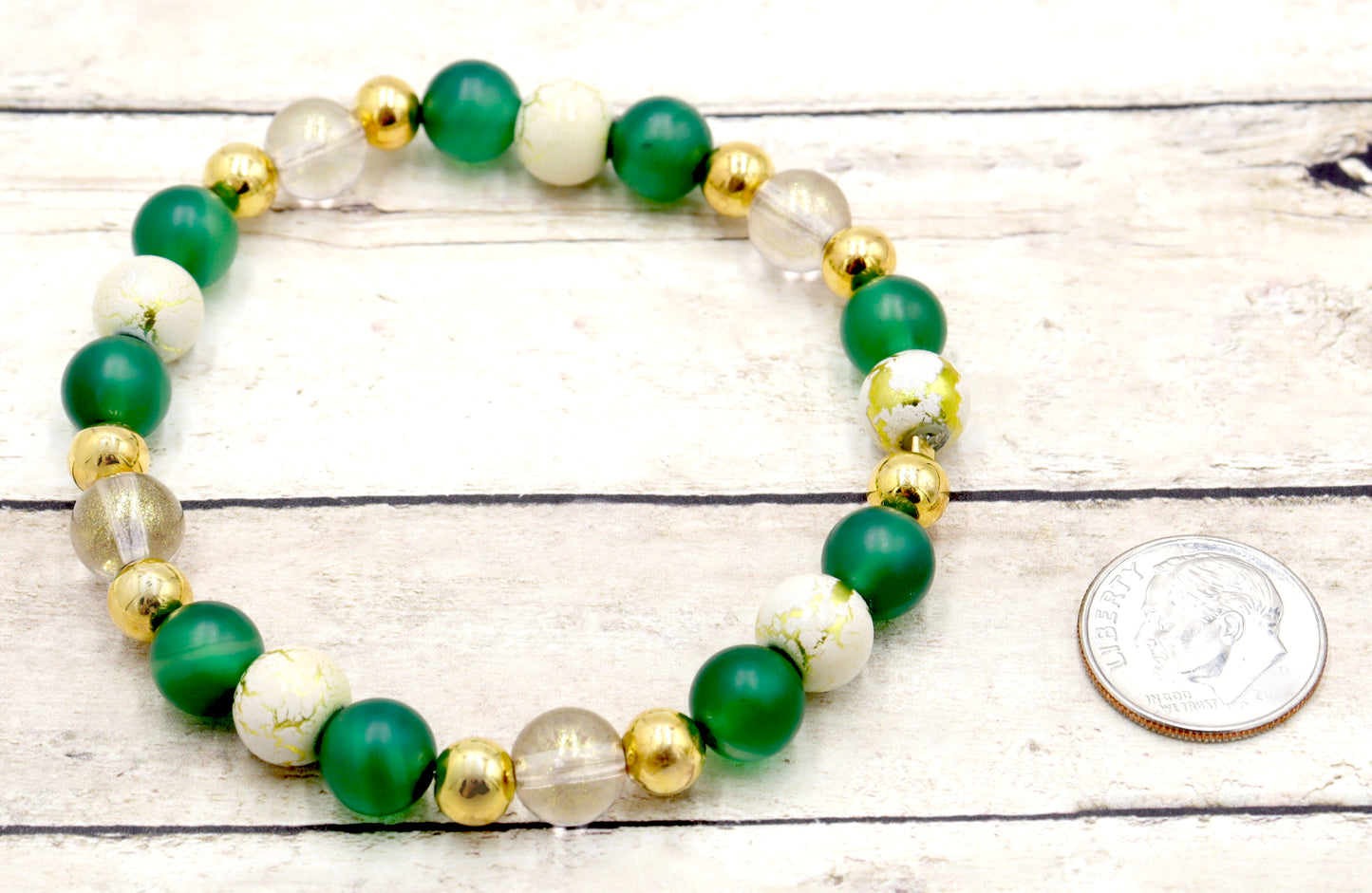 Nature's Dark Green and Golden Embrace - Glass & Agate Handmade Stretch Bracelet by Monkey's Mojo