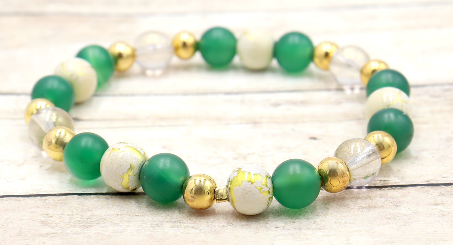 Nature's Dark Green and Golden Embrace - Glass & Agate Handmade Stretch Bracelet by Monkey's Mojo