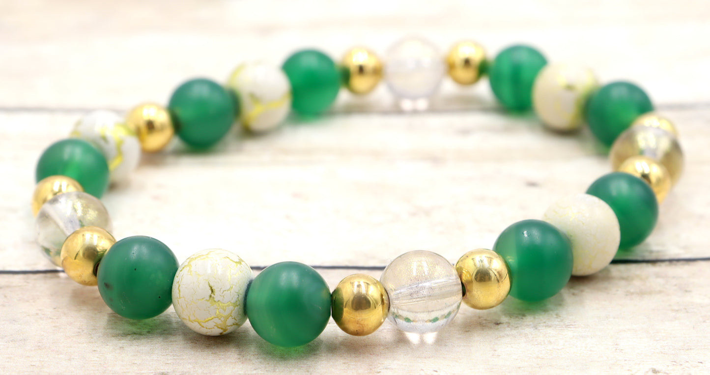 Nature's Dark Green and Golden Embrace - Glass & Agate Handmade Stretch Bracelet by Monkey's Mojo