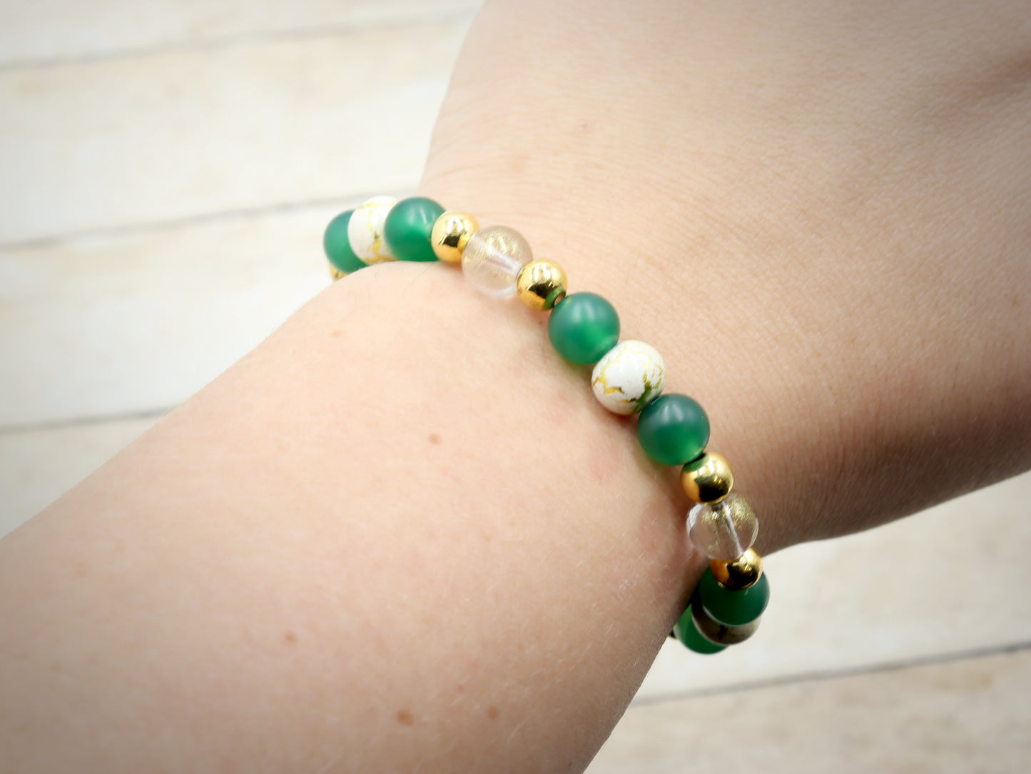 Nature's Dark Green and Golden Embrace - Glass & Agate Handmade Stretch Bracelet by Monkey's Mojo