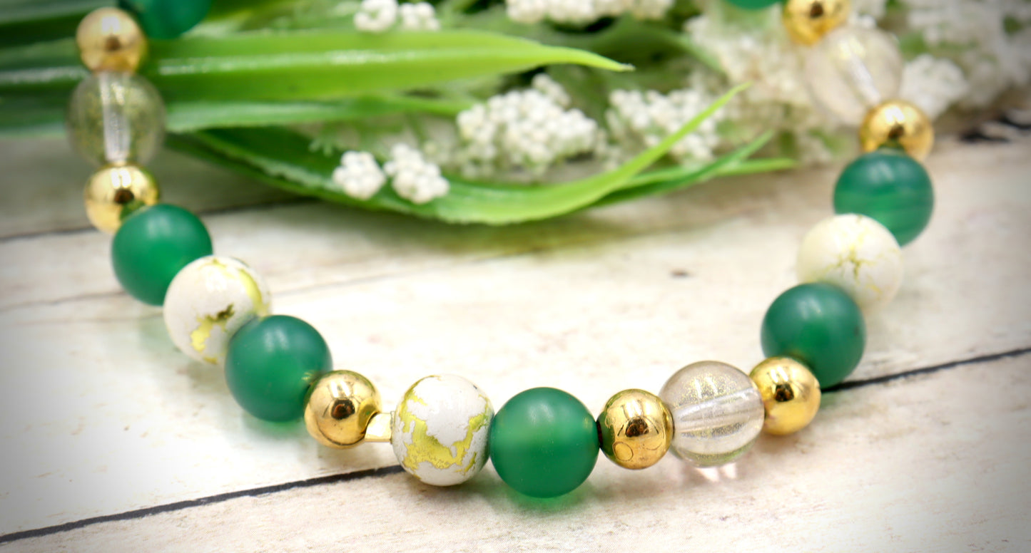Nature's Dark Green and Golden Embrace - Glass & Agate Handmade Stretch Bracelet by Monkey's Mojo