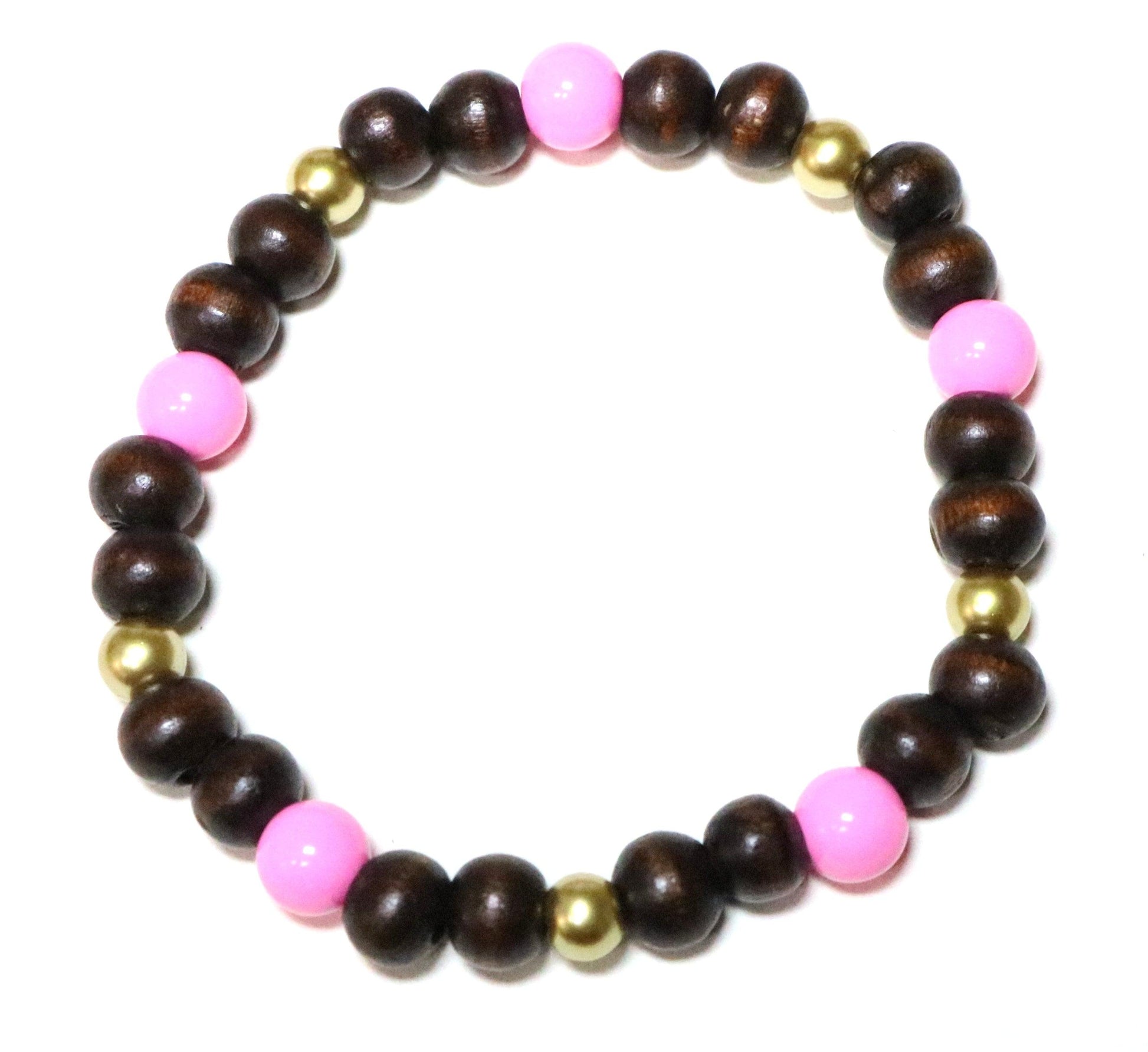 Pink, Gold, and Brown Y2K 2000s Style Wooden Women's Bracelet - Monkeysmojo
