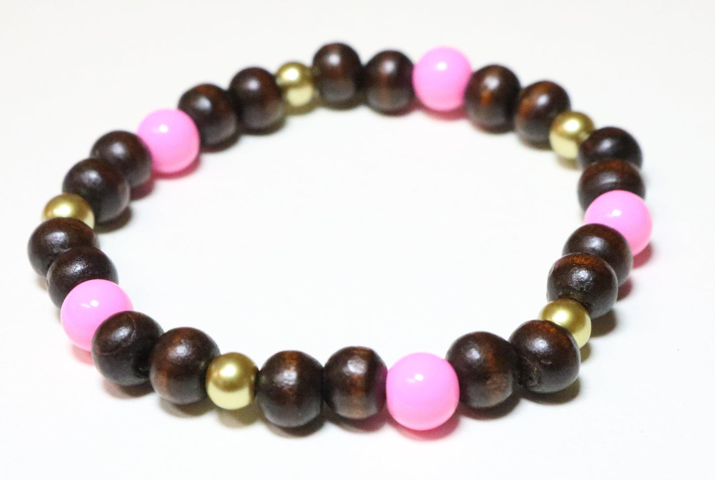 Pink, Gold, and Brown Y2K 2000s Style Wooden Women's Bracelet - Monkeysmojo