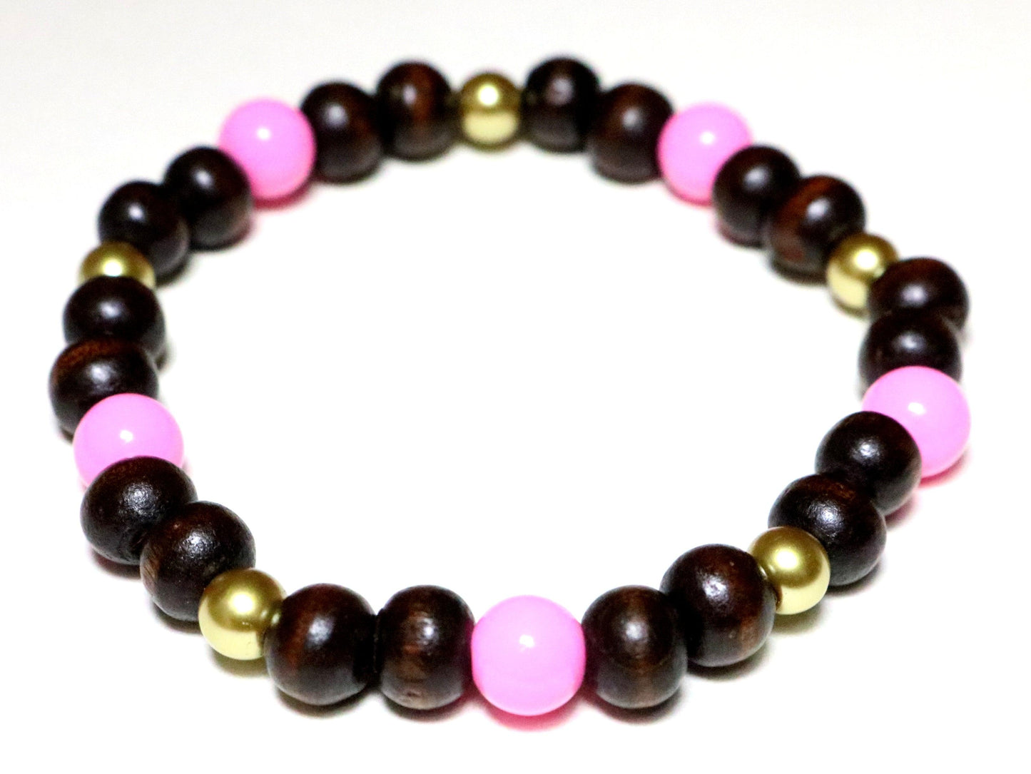 Pink, Gold, and Brown Y2K 2000s Style Wooden Women's Bracelet - Monkeysmojo