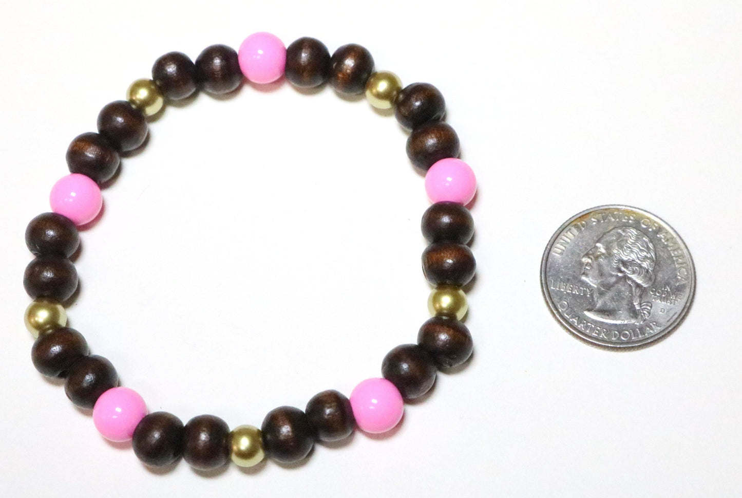 Pink, Gold, and Brown Y2K 2000s Style Wooden Women's Bracelet - Monkeysmojo