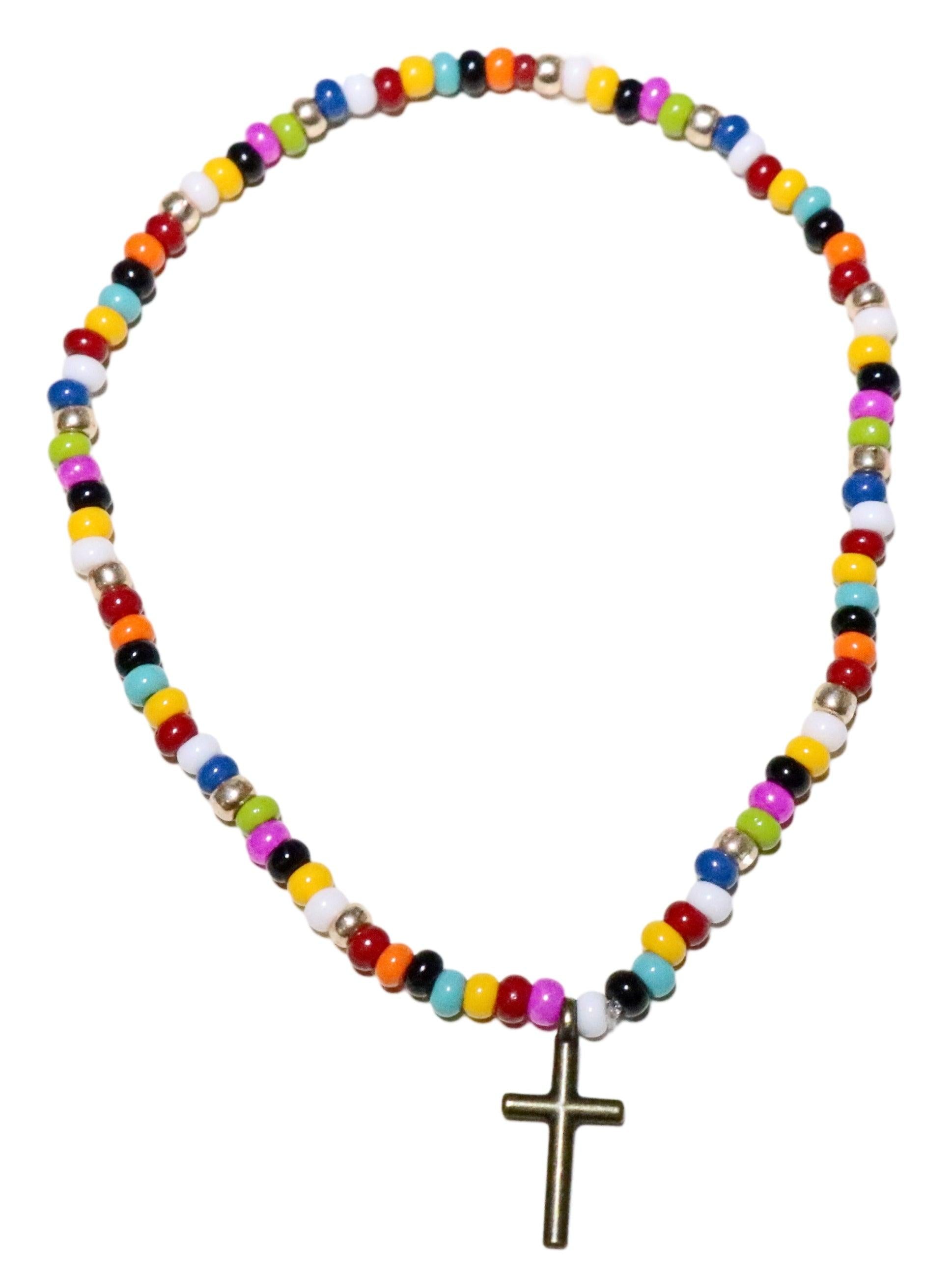 The Cross Was for All God's People Rainbow Assorted Color Glass Beads with Cross Charm Bracelet - Monkeysmojo